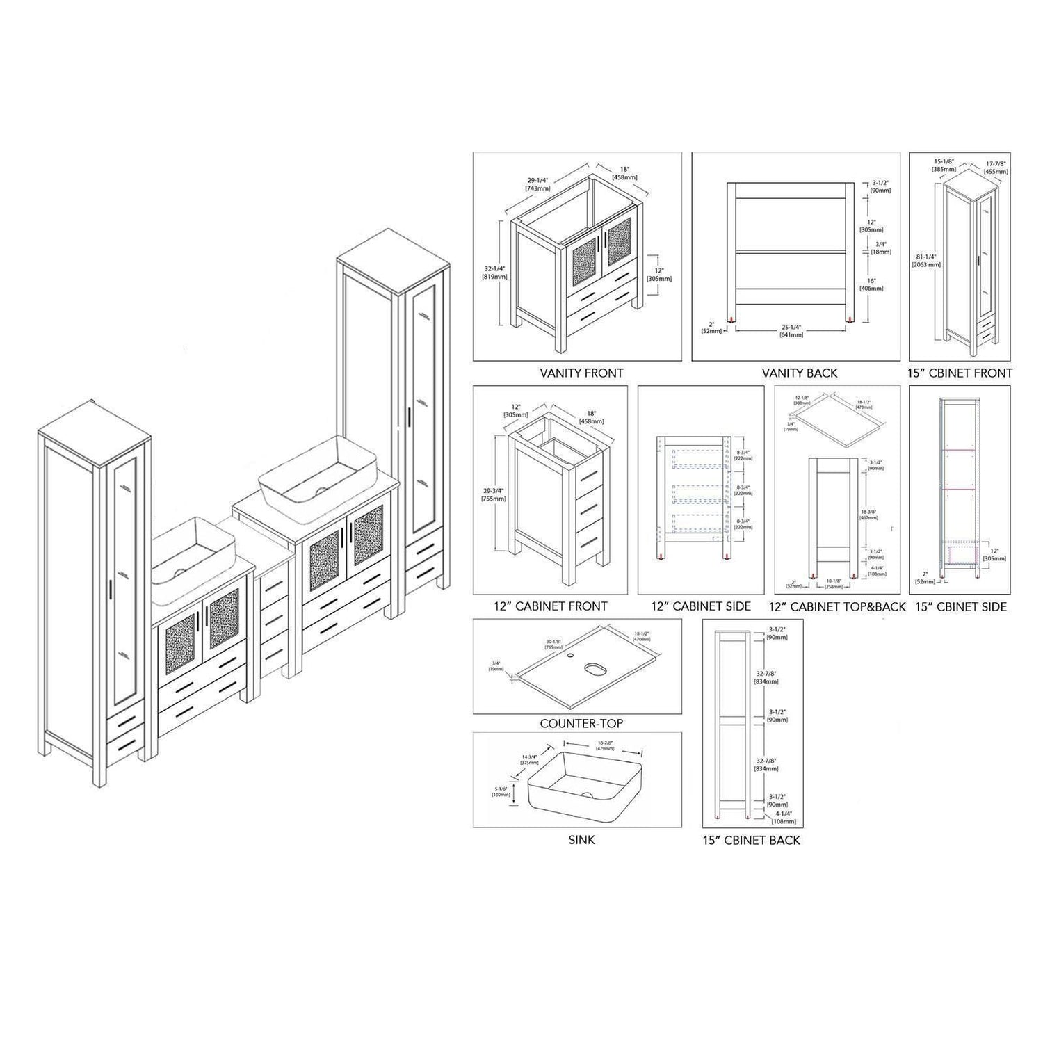 Sydney 102" Double Vanity, Ceramic Vessel Sink, Mirror, Linen Cabinet