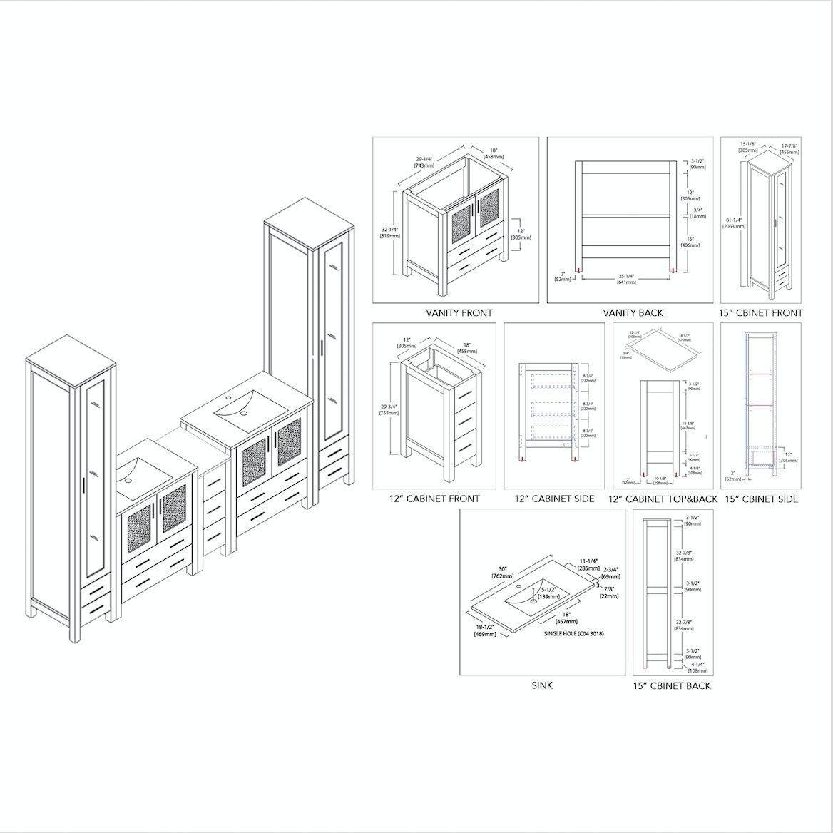 Sydney 102" Double Vanity, Ceramic Vessel Sink, Mirror, Linen Cabinet