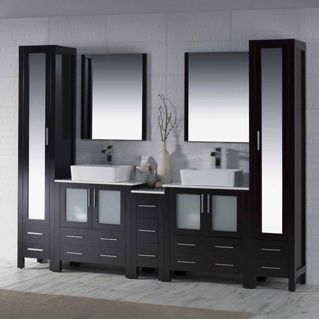 Sydney 102" Double Vanity, Ceramic Vessel Sink, Mirror, Linen Cabinet
