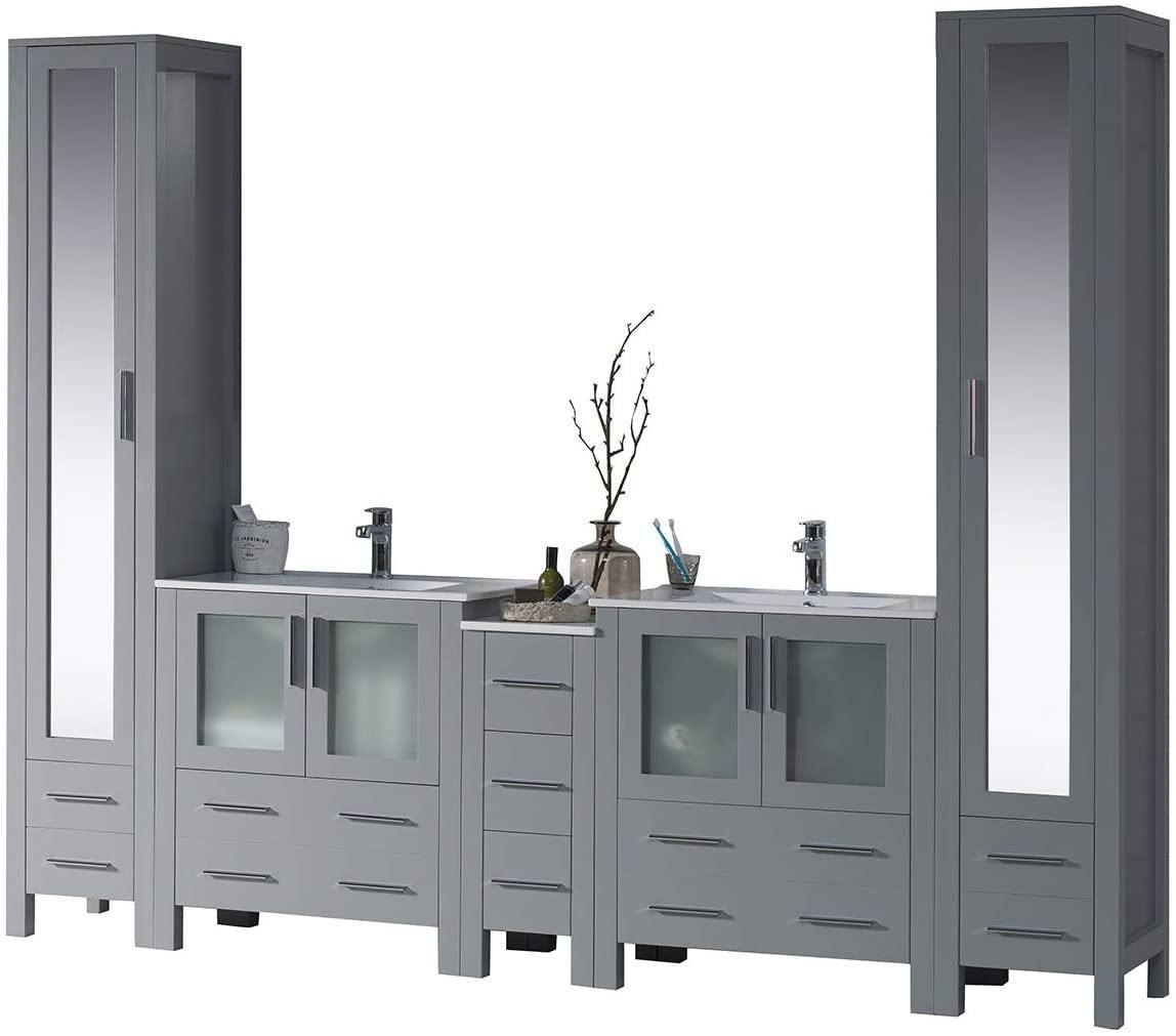 Sydney 102" Double Vanity, Ceramic Vessel Sink, Mirror, Linen Cabinet