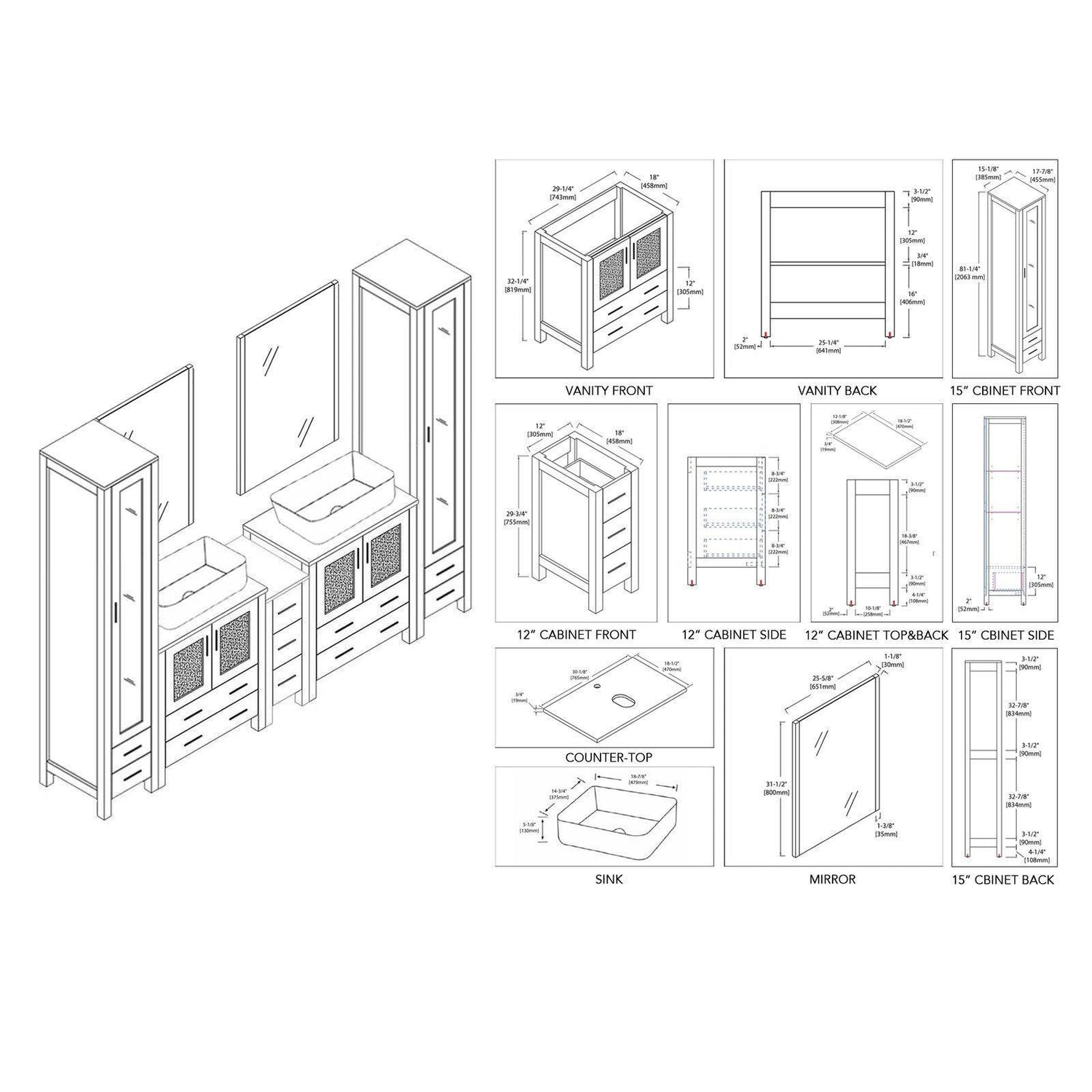 Sydney 102" Double Vanity, Ceramic Vessel Sink, Mirror, Linen Cabinet