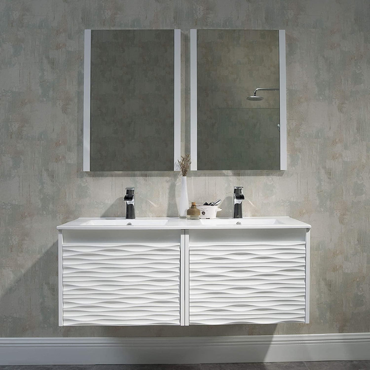 Blossom Paris 48" White Vanity with Ceramic Double Sinks, Mirror/s and Two Side Cabinets