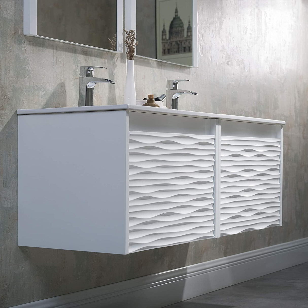 Blossom Paris 48" White Vanity with Ceramic Double Sinks, Mirror/s and Two Side Cabinets