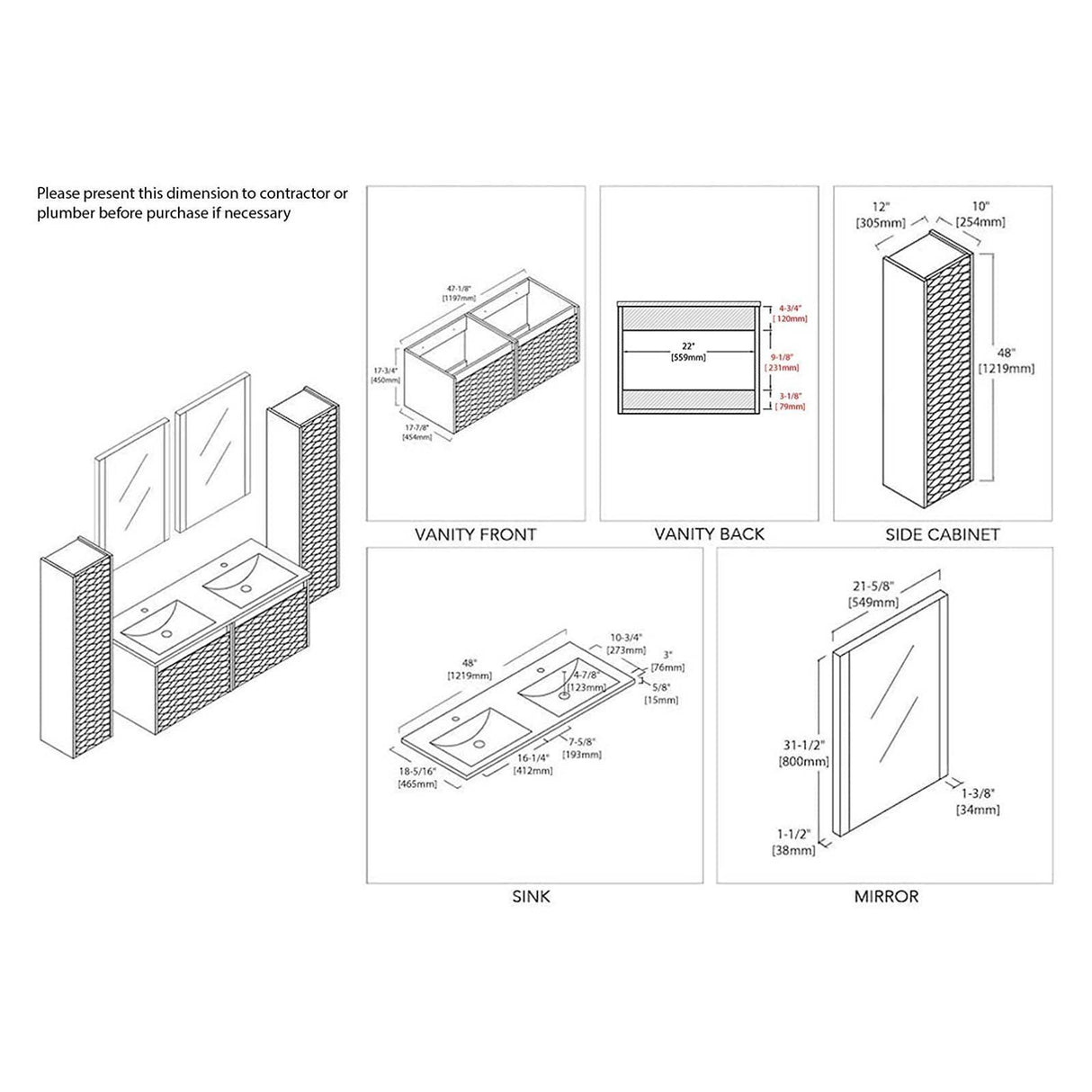 Blossom Paris 48" White Vanity with Ceramic Double Sinks, Mirror/s and Two Side Cabinets