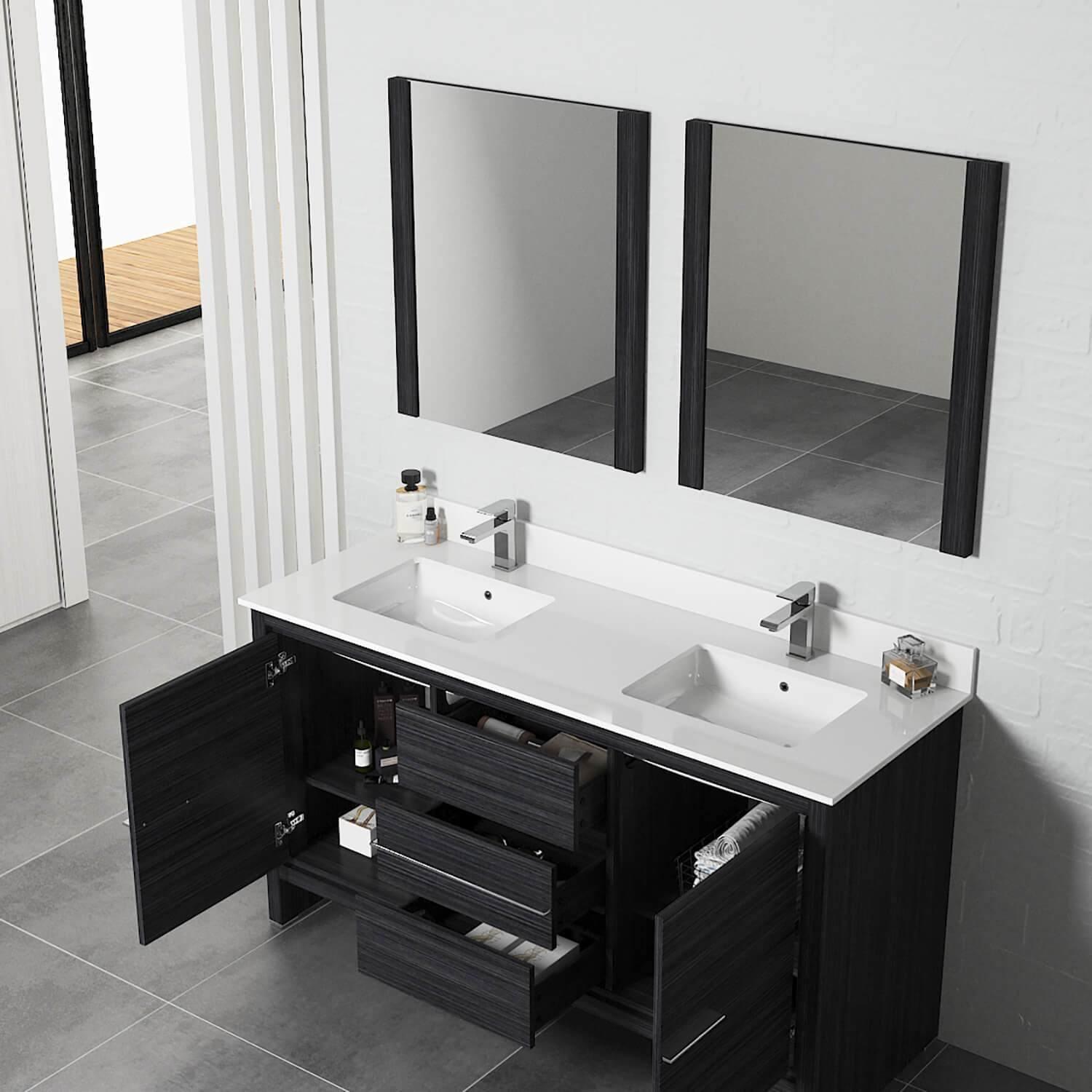 Milan 60" White/Silver Grey Double Vanity Set, Medicine Cabinet