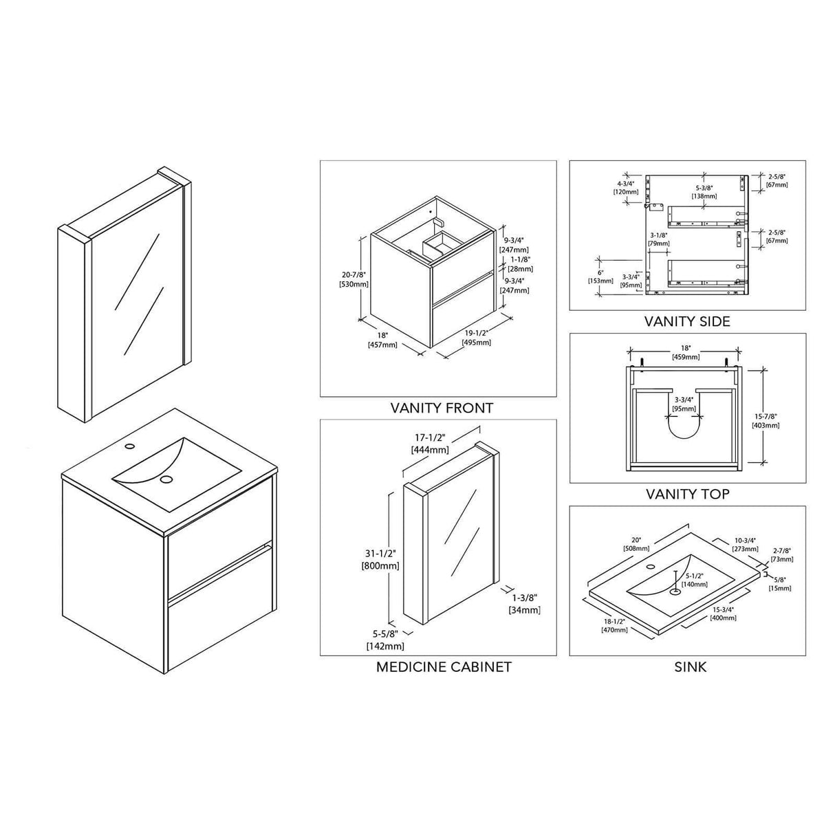Blossom Valencia 20" Single Vanity, Mirror, Mirrored Medicine Cabinet