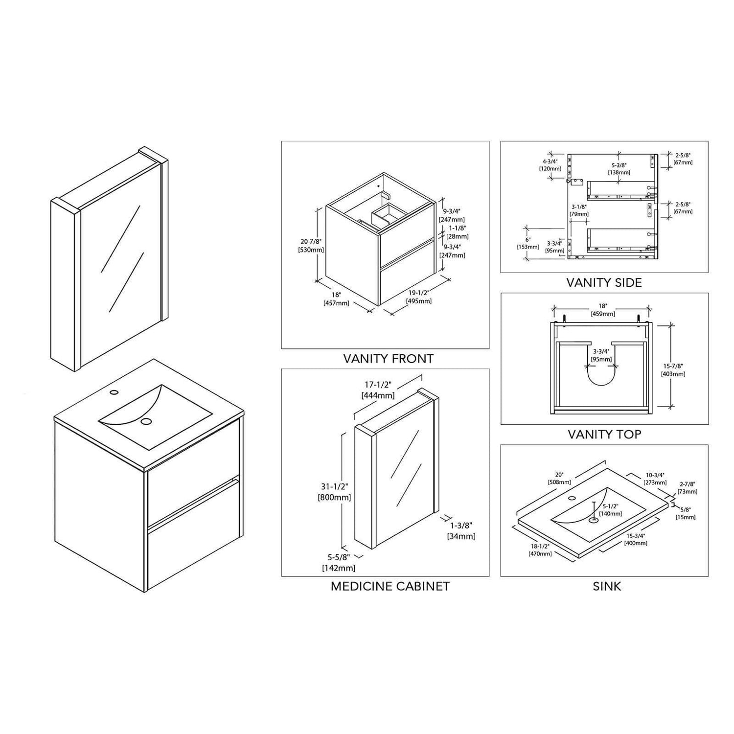 Blossom Valencia 20" Single Vanity, Mirror, Mirrored Medicine Cabinet
