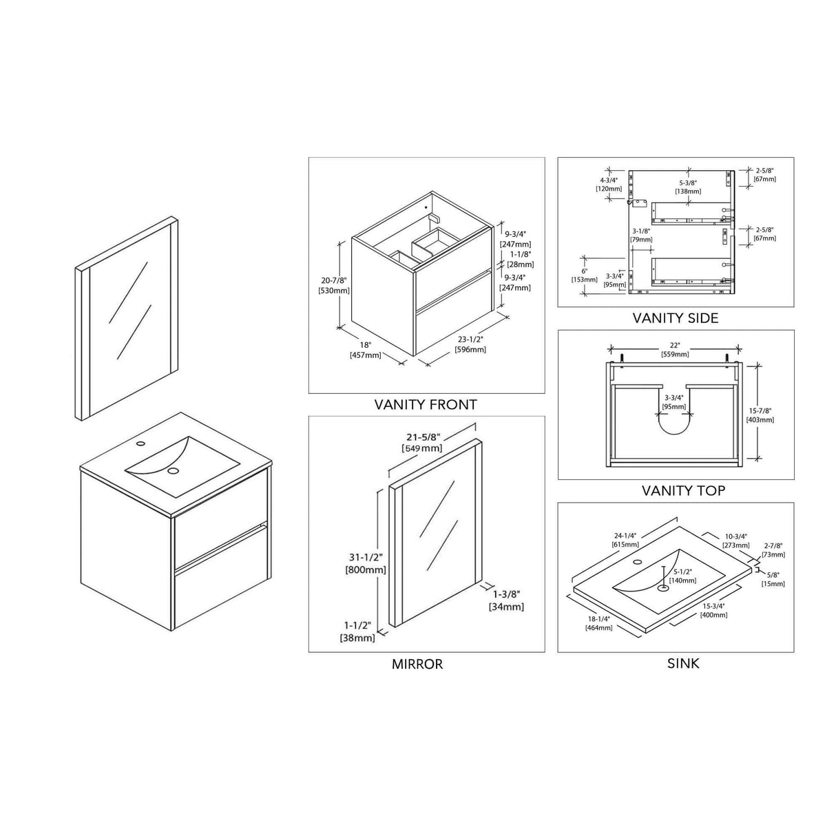 Blossom Valencia 24" Single Vanity, Mirror, Mirrored Medicine Cabinet