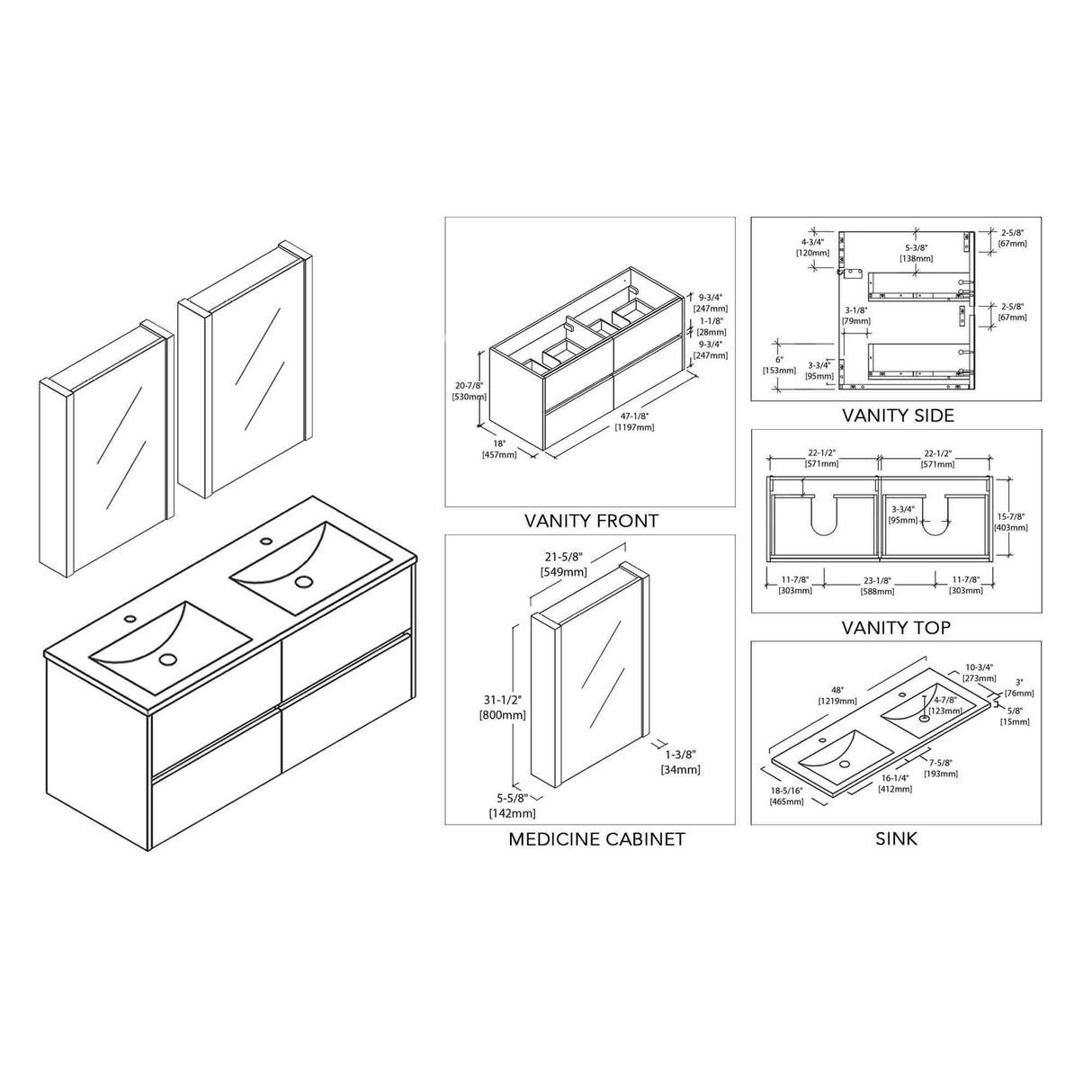 Blossom Valencia 48" Double Vanity, Mirror, Mirrored Medicine Cabinet