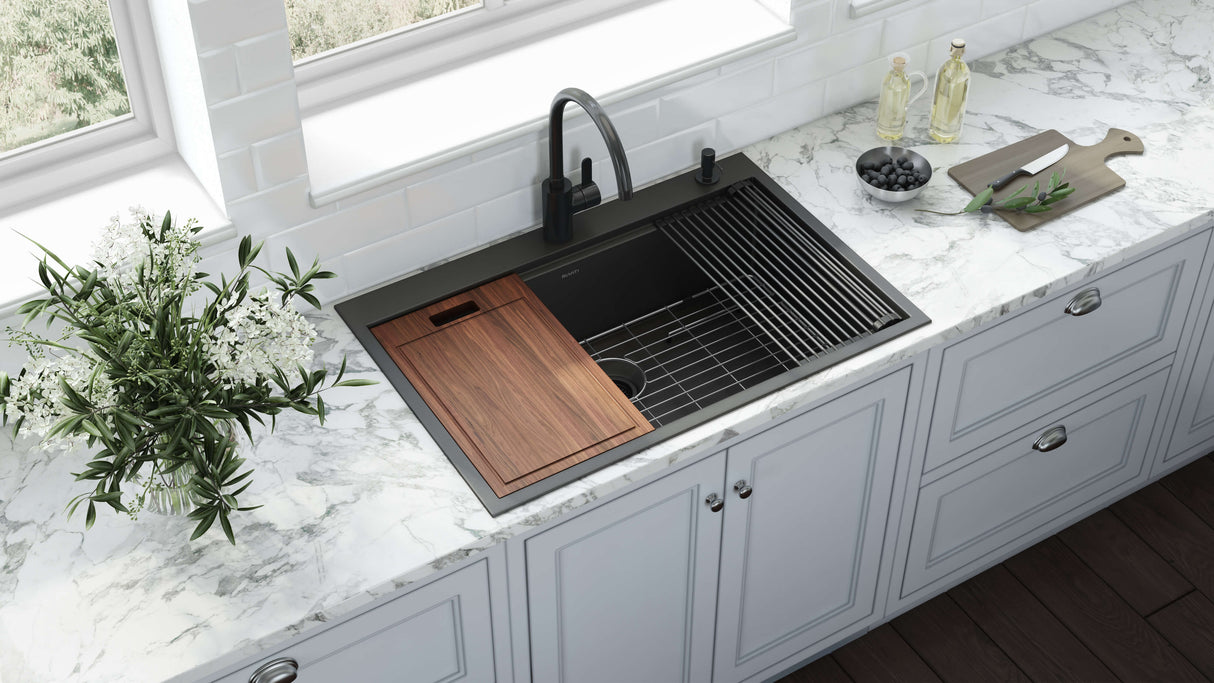 Ruvati 33 inch Gunmetal Black Stainless Steel Workstation Drop-in Topmount Kitchen Sink Single Bowl - RVH5003BL