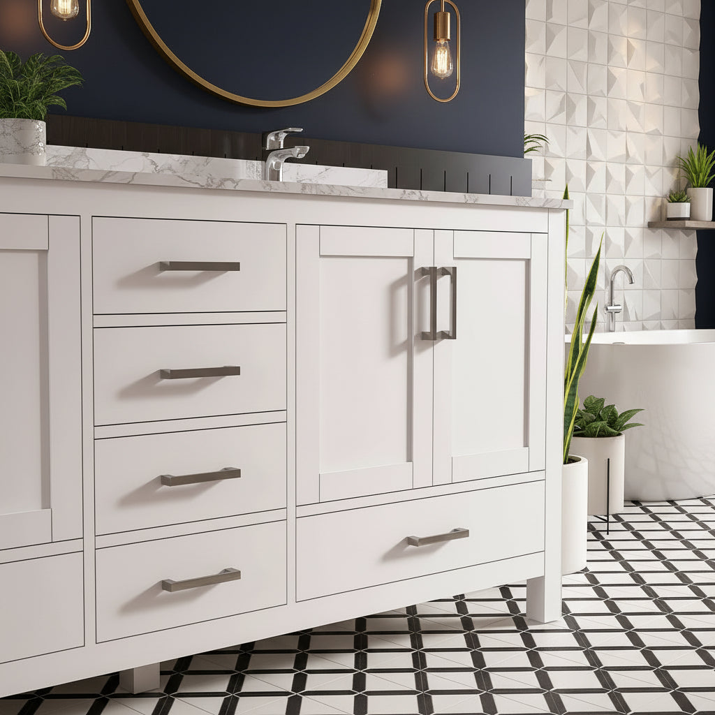 New England Home Goods Table 72" Double Sink Vanity in White - Engineered Wood; Stone Top