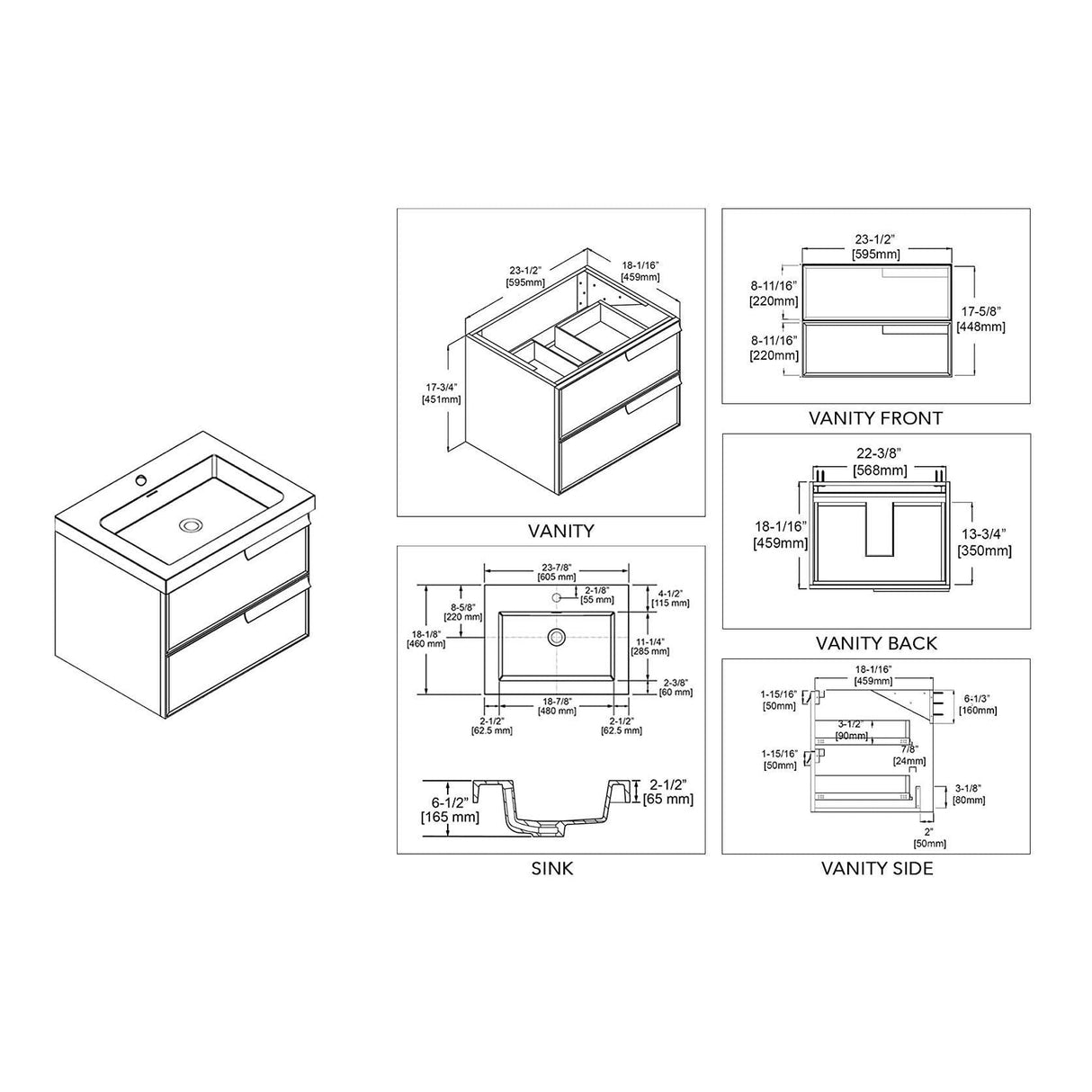 Blossom Sofia 24 Inch Vanity Base in White / Matte Gray. Available with Acrylic Sink