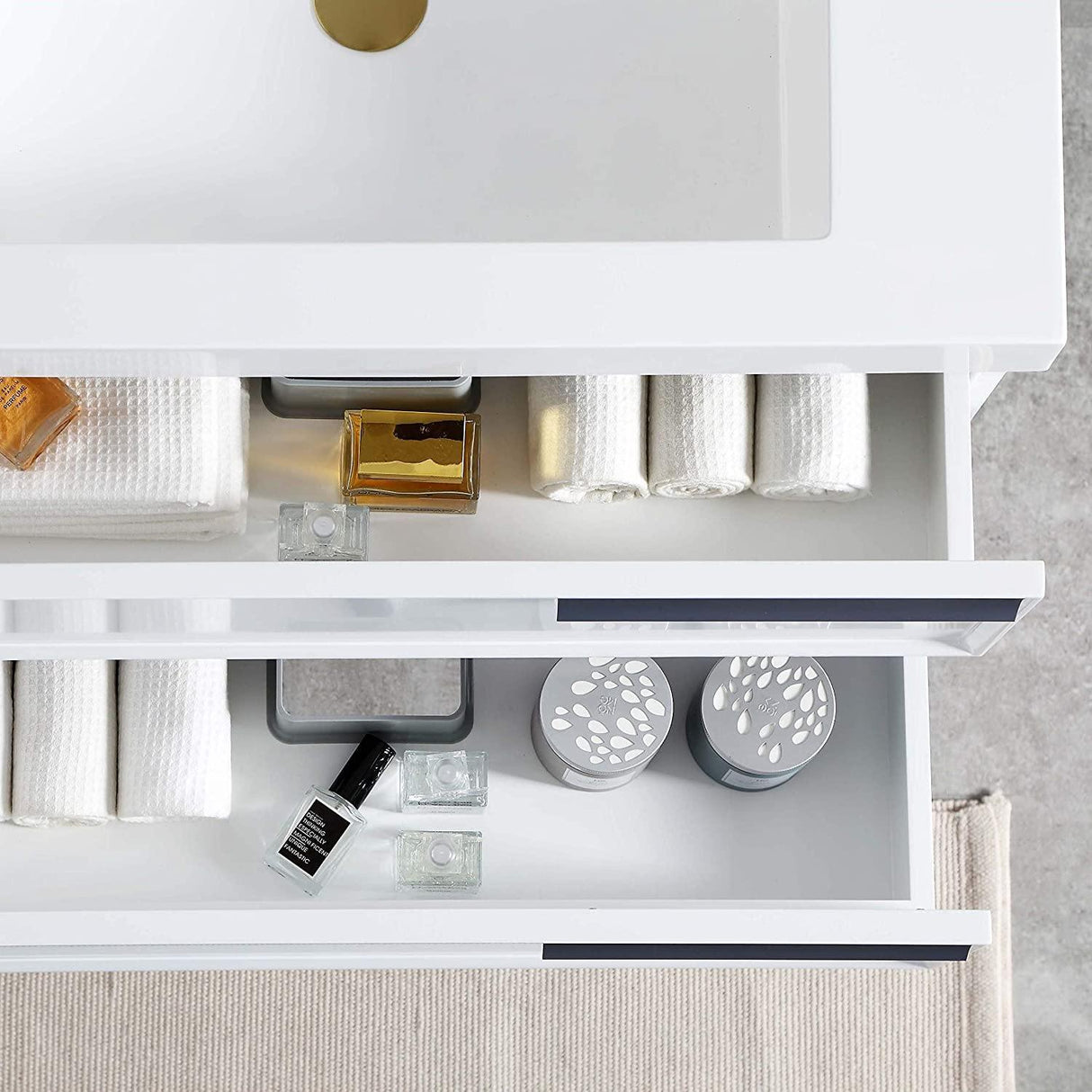 Blossom Sofia 30 Inch Vanity Base in White / Matte Gray. Available with Acrylic Sink