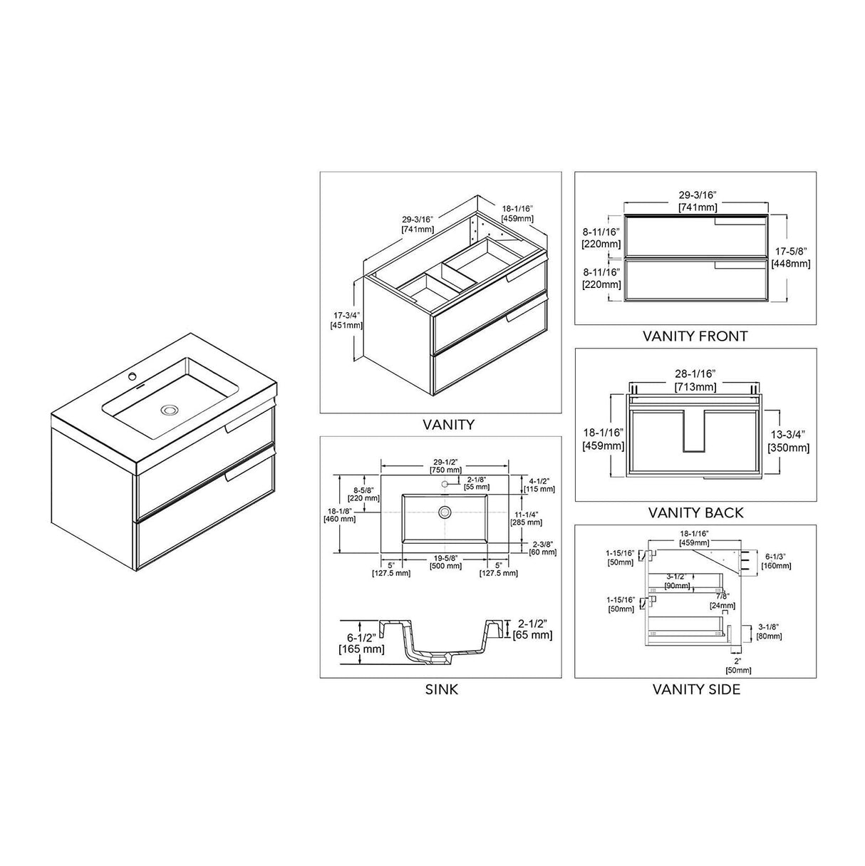 Blossom Sofia 30 Inch Vanity Base in White / Matte Gray. Available with Acrylic Sink