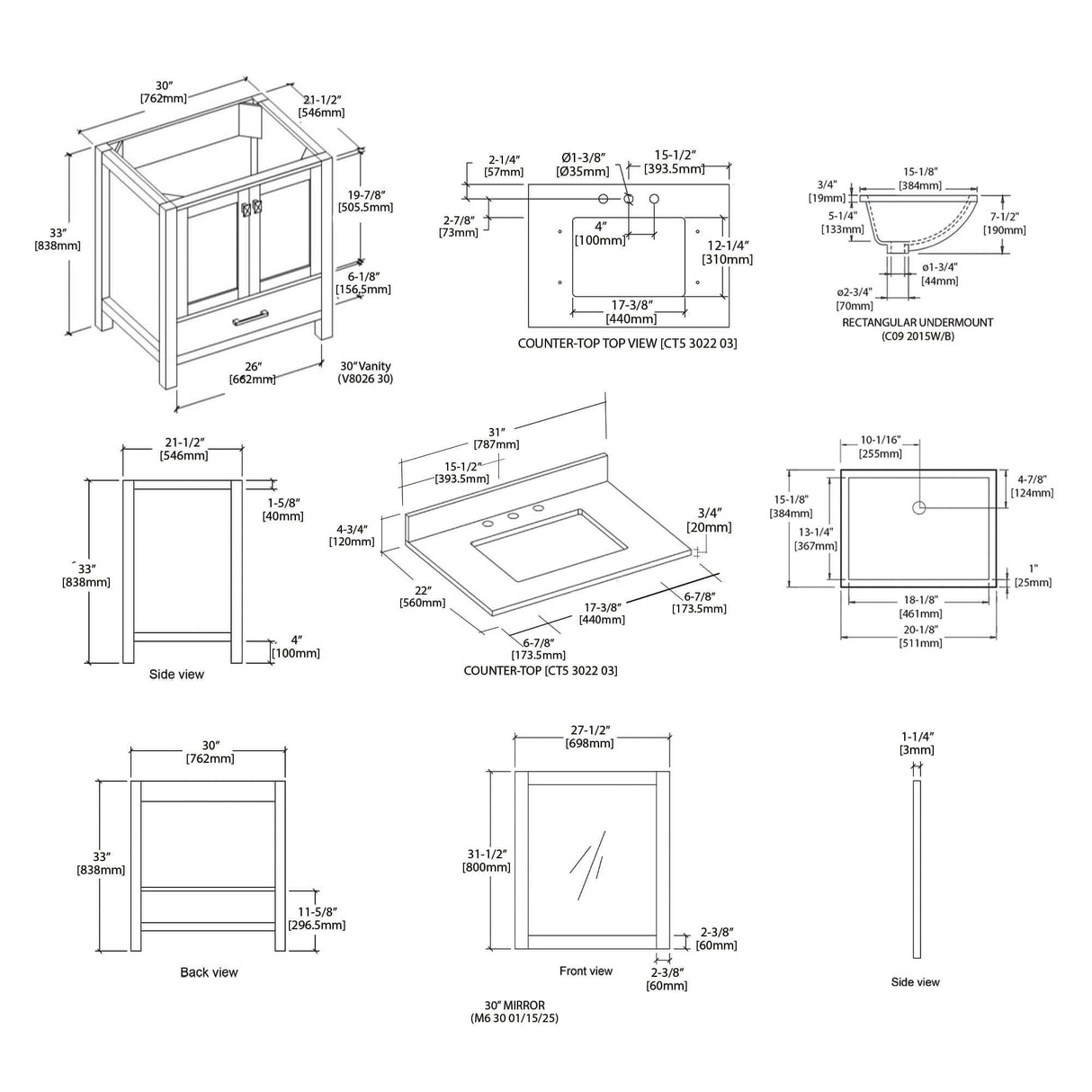 Blossom Geneva Freestanding Bathroom Vanity With Countertop, Undermount Sink & Mirror