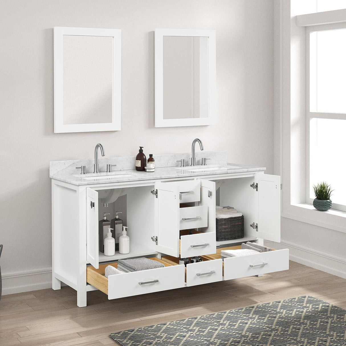 Blossom Geneva 60" Double Sink Freestanding Bathroom Vanity With Countertop, Undermount Sink, Mirrors