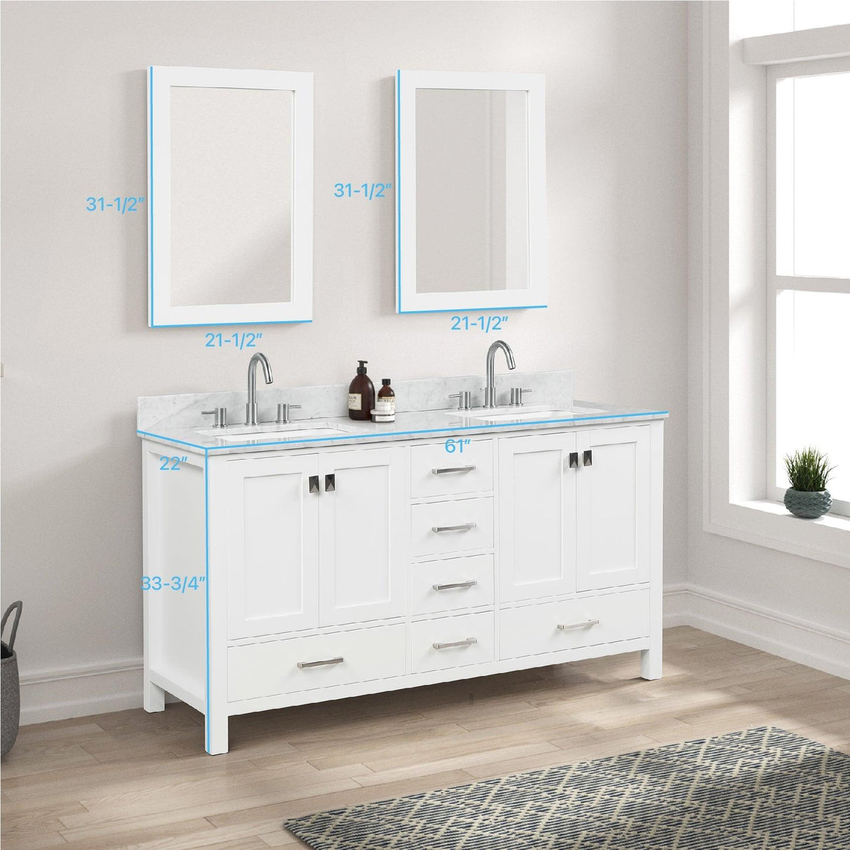 Blossom Geneva 60" Double Sink Freestanding Bathroom Vanity With Countertop, Undermount Sink, Mirrors