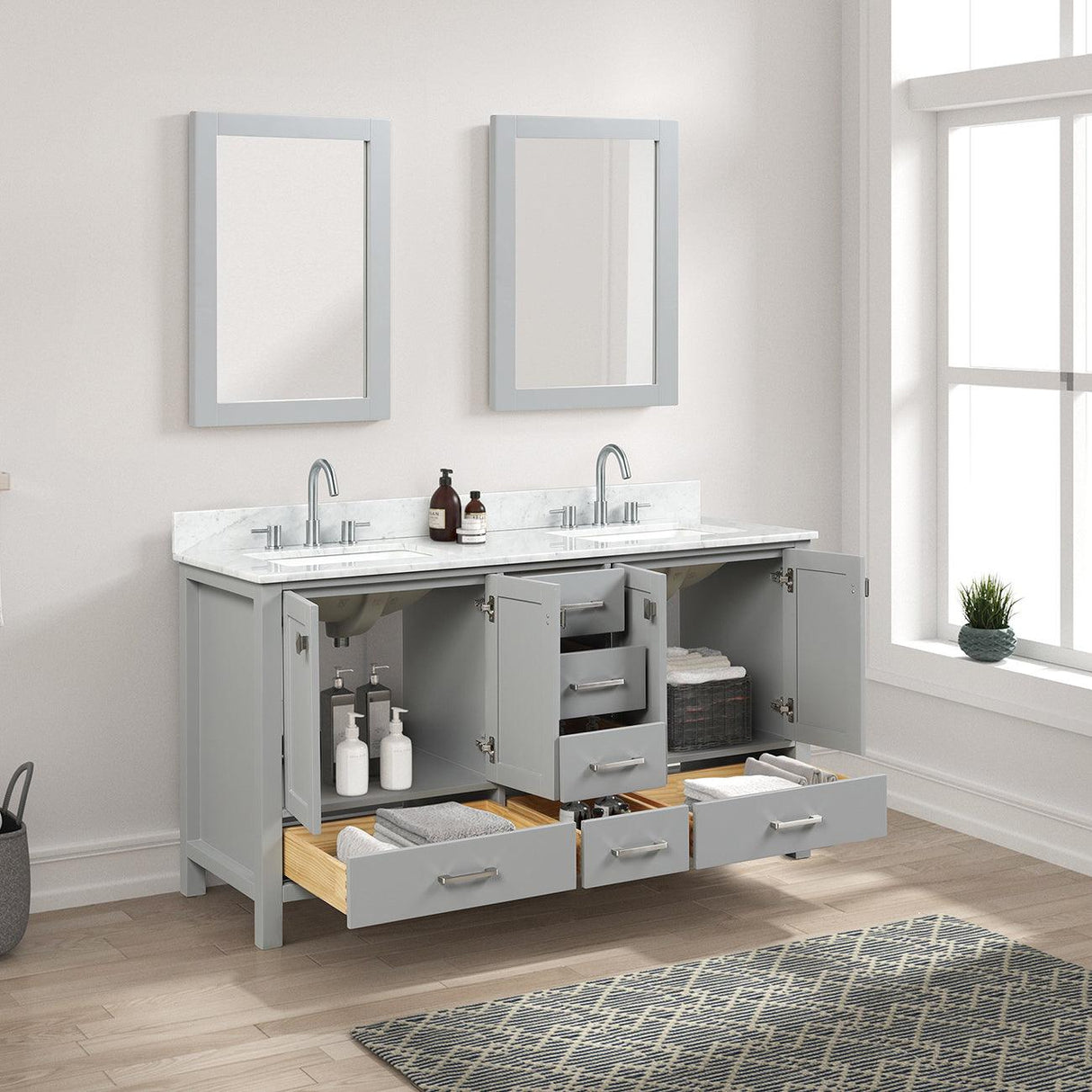 Blossom Geneva 60" Double Sink Freestanding Bathroom Vanity With Countertop, Undermount Sink, Mirrors