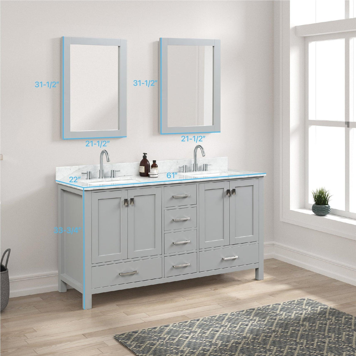 Blossom Geneva 60" Double Sink Freestanding Bathroom Vanity With Countertop, Undermount Sink, Mirrors