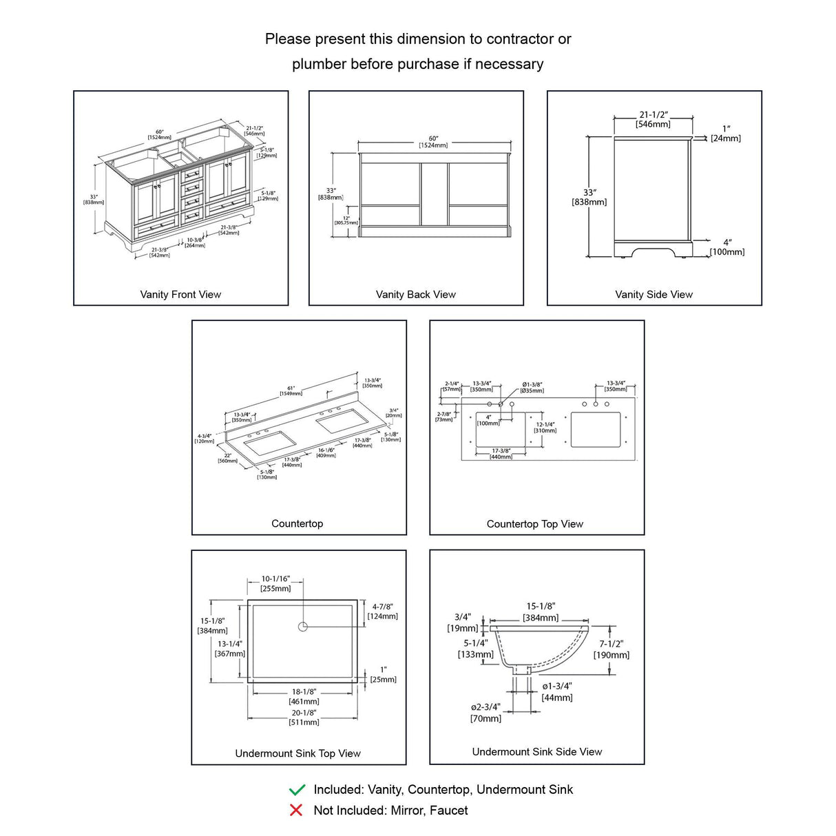 Blossom Copenhagen 60" Freestanding Double Sink Bath Vanity, Countertop & Undermount Sink