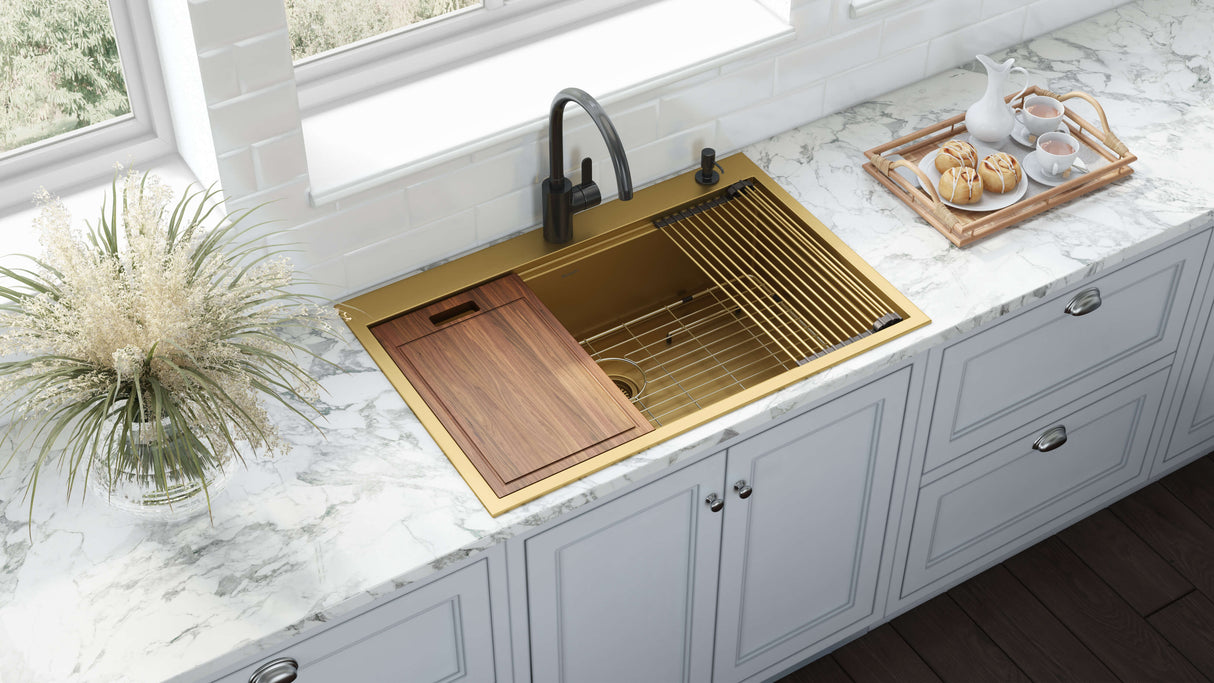 Ruvati 33 inch Polished Brass Matte Gold Workstation Drop-in Topmount Kitchen Sink Single Bowl - RVH5003GG