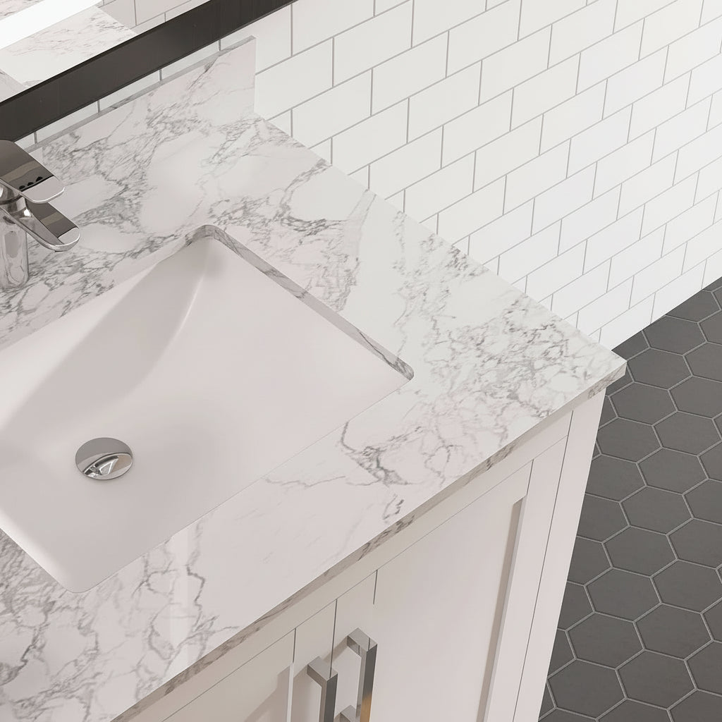 New England Home Goods Meru 30" Single Sink Vanity in White - Engineered Wood; Stone Top