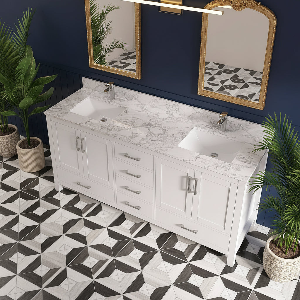 New England Home Goods Table 72" Double Sink Vanity in White - Engineered Wood; Stone Top