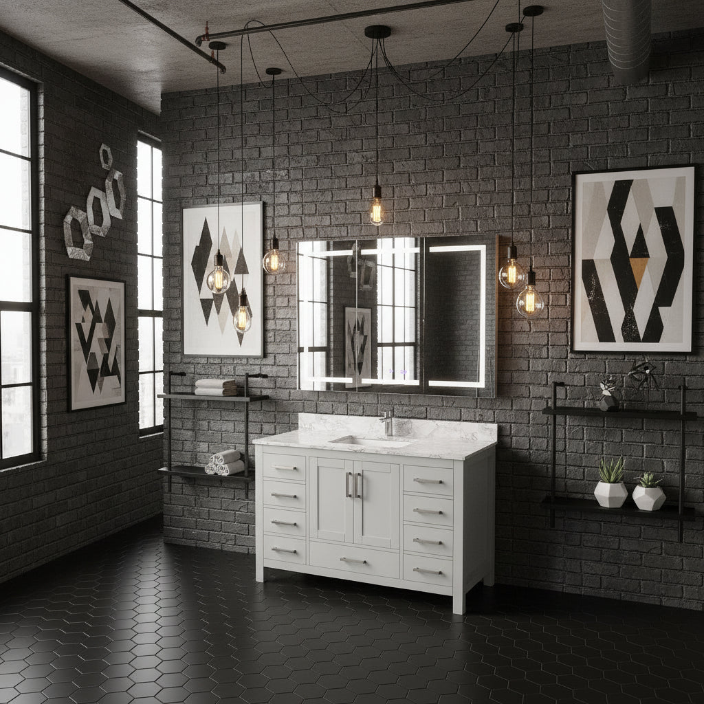 New England Home Goods Pilatus 48" Single Sink Vanity in White - Engineered Wood; Stone Top