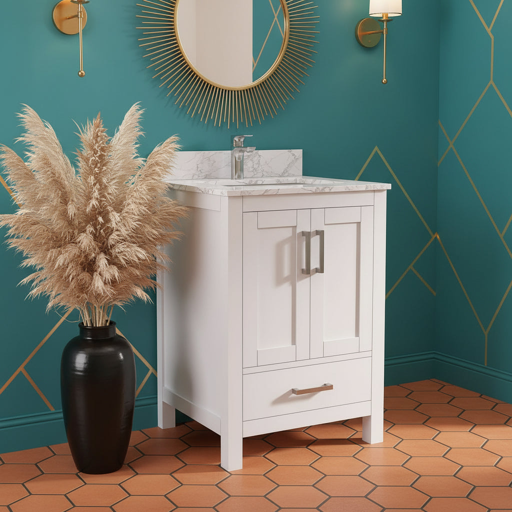 New England Home Goods Rabbit 24" Single Sink Vanity in White - Engineered Wood; Stone Top