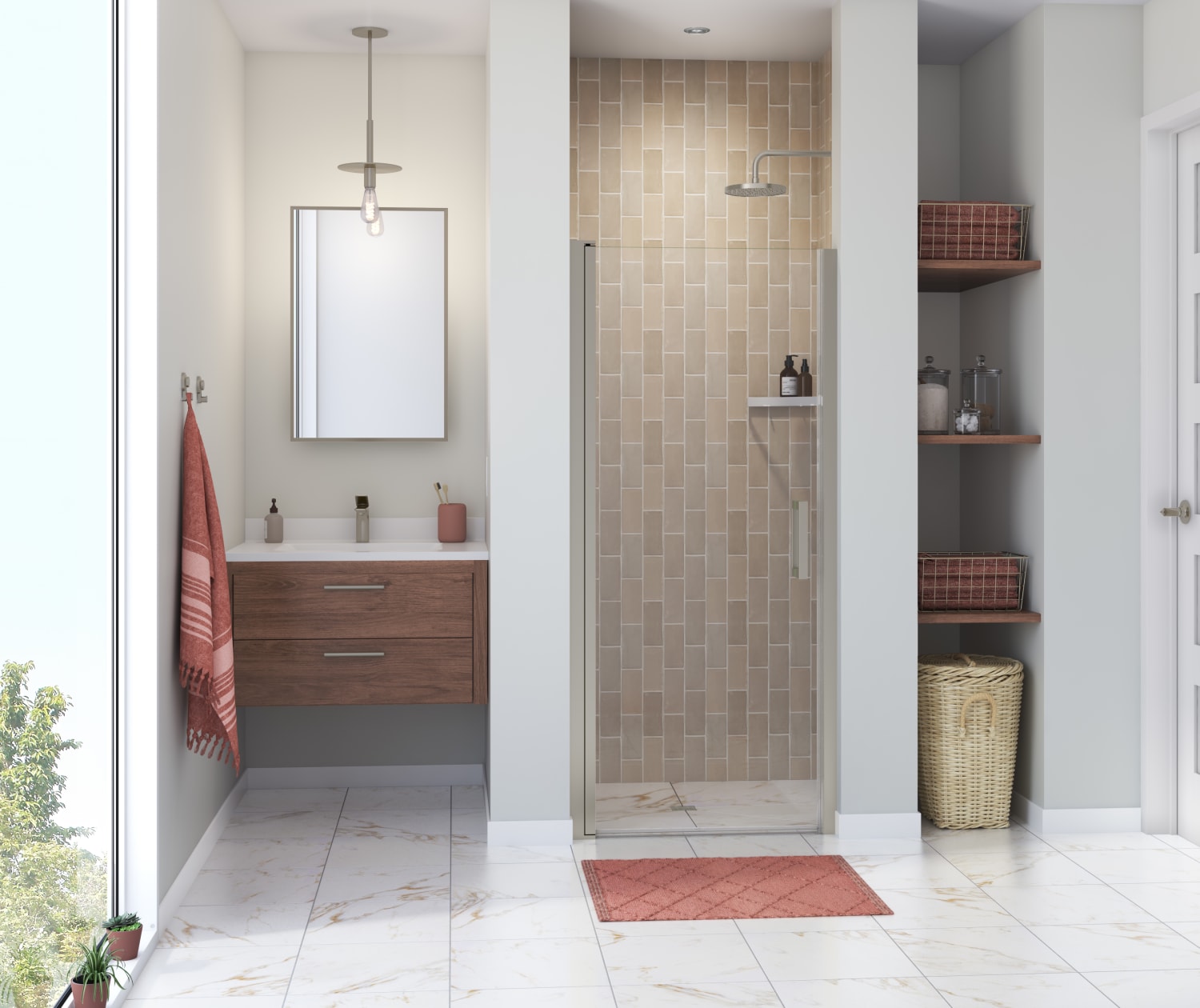 MAAX 138263-900-305-101 Manhattan 29-31 x 68 in. 6 mm Pivot Shower Door for Alcove Installation with Clear glass & Square Handle in Brushed Nickel