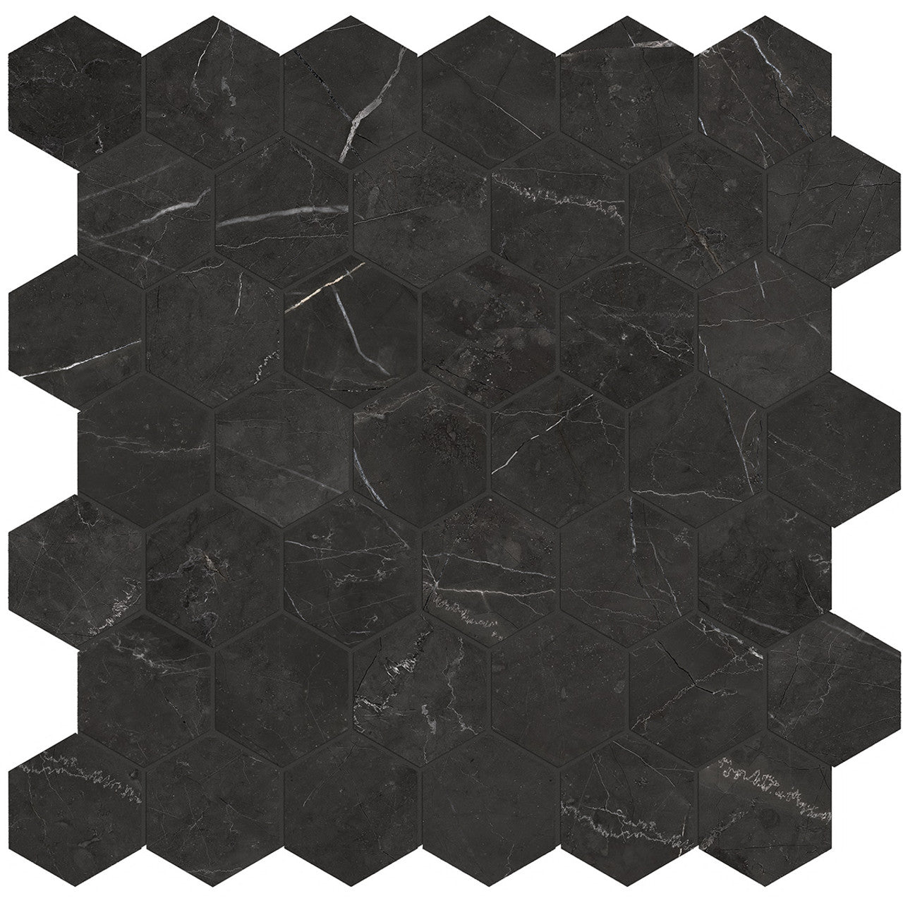 Anatolia Tile La Marca 2 Inch Hexagon Nero Polished Porcelain Mosaics. 1 Sheet = .96 Sq. Ft. 4501-0339-0 Nero Venato 2" Hexagon Polished - premium natural stone mosaic tile from Anatolia Tile, available at PoshHaus showroom in Keene, NH