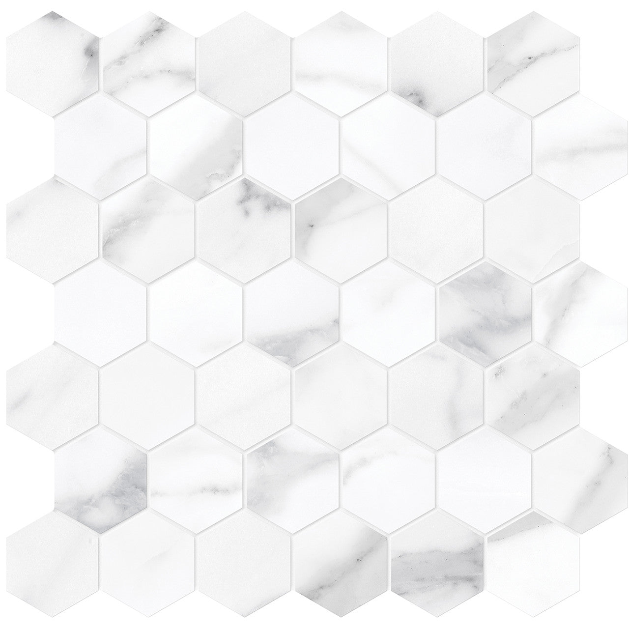 Anatolia Tile La Marca 2 Inch Hexagon Statuario Honed Porcelain Mosaics. 1 Sheet = .96 Sq. Ft. 4501-0356-0 Statuario Nuovo 2" Hexagon Honed - premium natural stone mosaic tile from Anatolia Tile, available at PoshHaus showroom in Keene, NH