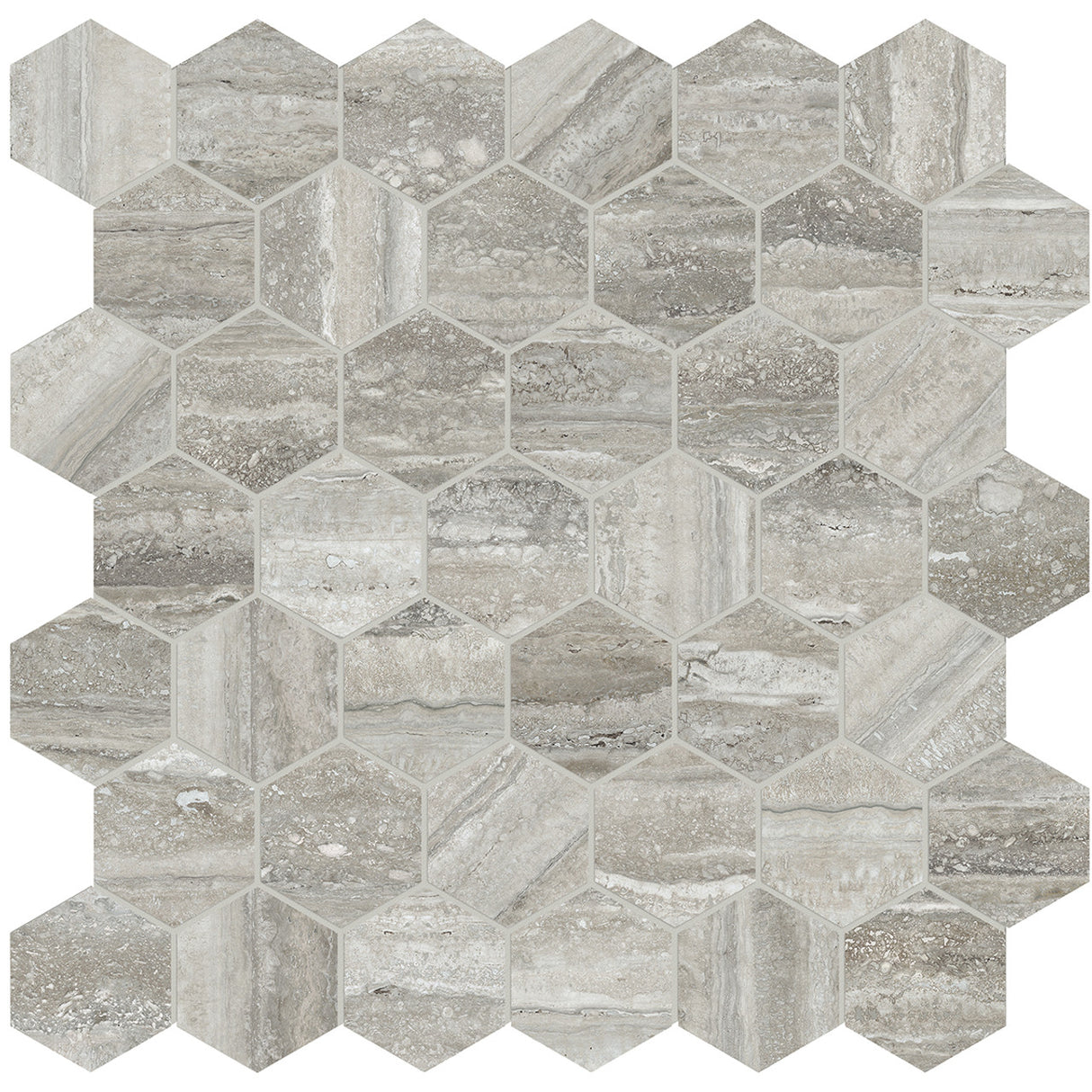 Anatolia Tile La Marca 2 Inch Hexagon Traventino Honed Porcelain Mosaics. 1 Sheet = .96 Sq. Ft. 4501-0355-0 Travertino Instrata 2" Hexagon Honed - premium natural stone mosaic tile from Anatolia Tile, available at PoshHaus showroom in Keene, NH