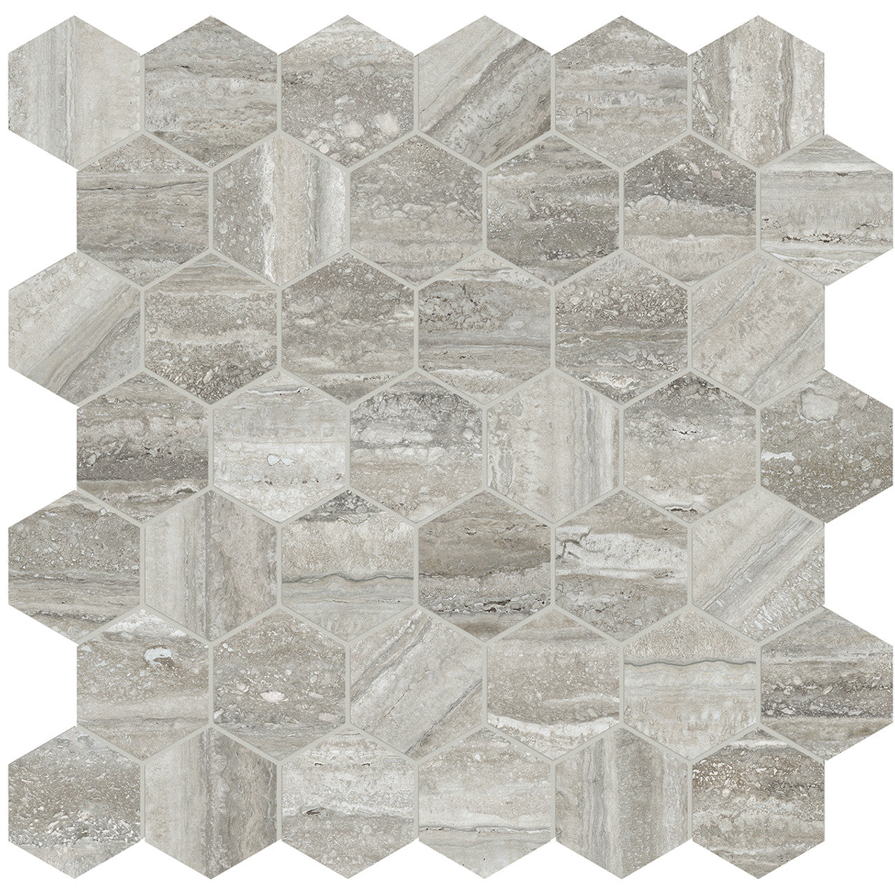Anatolia Tile La Marca 2 Inch Hexagon Traventino Honed Porcelain Mosaics. 1 Sheet = .96 Sq. Ft. 4501-0355-0 Travertino Instrata 2" Hexagon Honed - premium natural stone mosaic tile from Anatolia Tile, available at PoshHaus showroom in Keene, NH