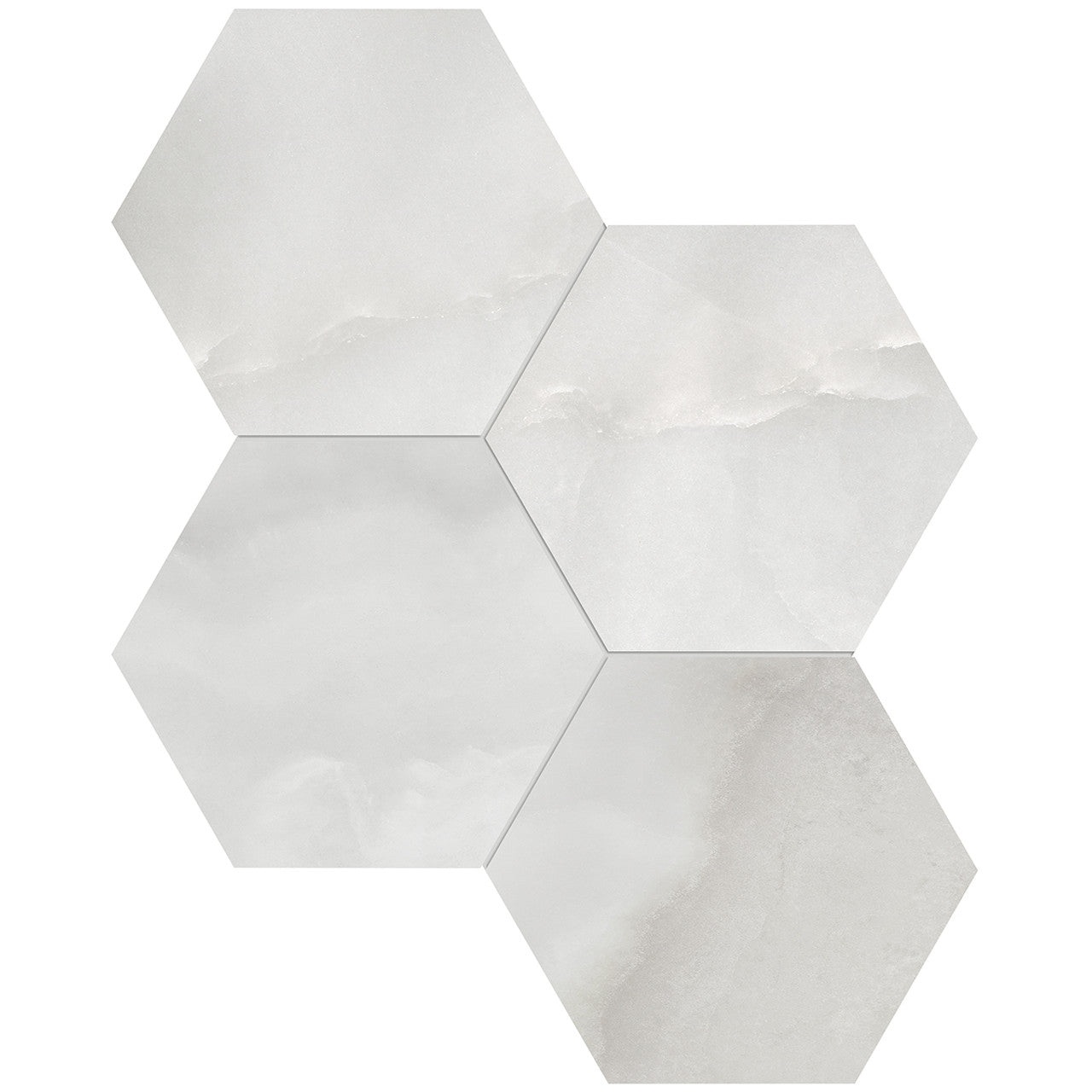 Anatolia Tile 6" Hexagon La Marca Onyx Honed & Rectified Porcelain Mosaic - 1 Sheet = .797 - 4501-0336-0" Onyx Nuvolato 6" Hexagon Honed - premium natural stone mosaic tile from Anatolia Tile, available at PoshHaus showroom in Keene, NH