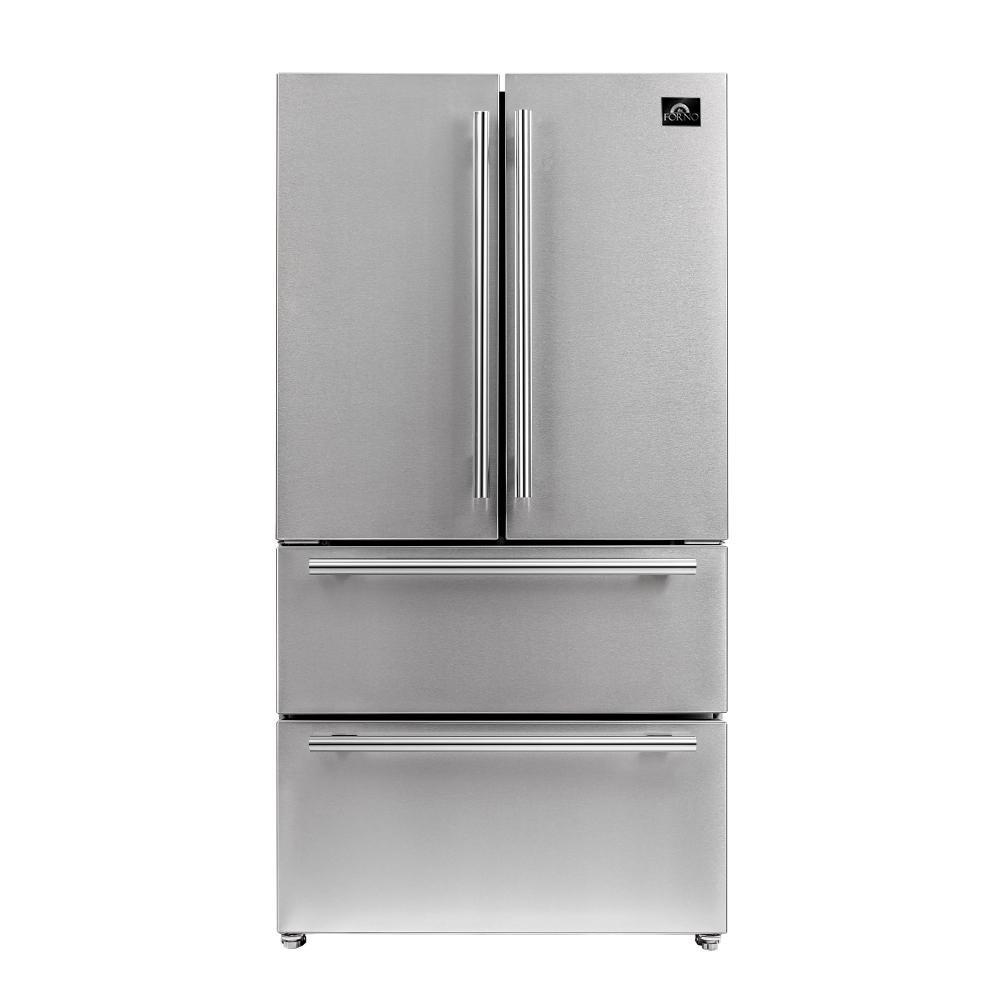 Forno 3-Piece Appliance Package - 36-Inch Dual Fuel Range, Refrigerator, & Wall Mount Hood with Backsplash in Stainless Steel