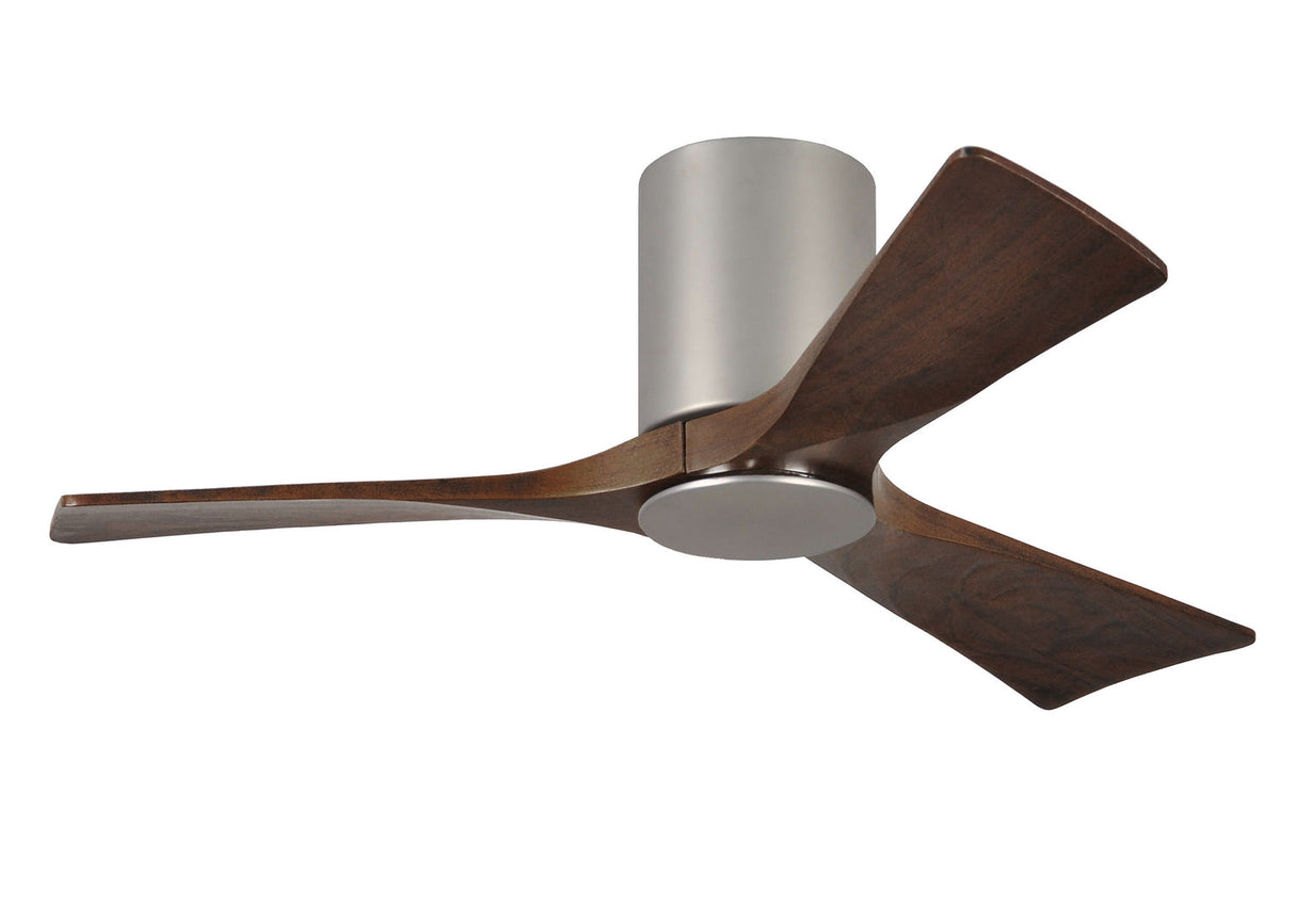 Matthews Fan IR3HLK-BN-WA-42 Irene-3HLK three-blade flush mount paddle fan in Brushed Nickel finish with 42” solid walnut tone blades and integrated LED light kit.