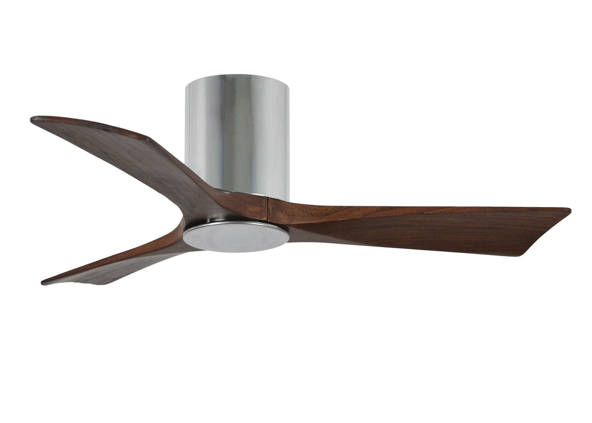 Matthews Fan IR3HLK-CR-WA-42 Irene-3HLK three-blade flush mount paddle fan in Polished Chrome finish with 42” solid walnut tone blades and integrated LED light kit.