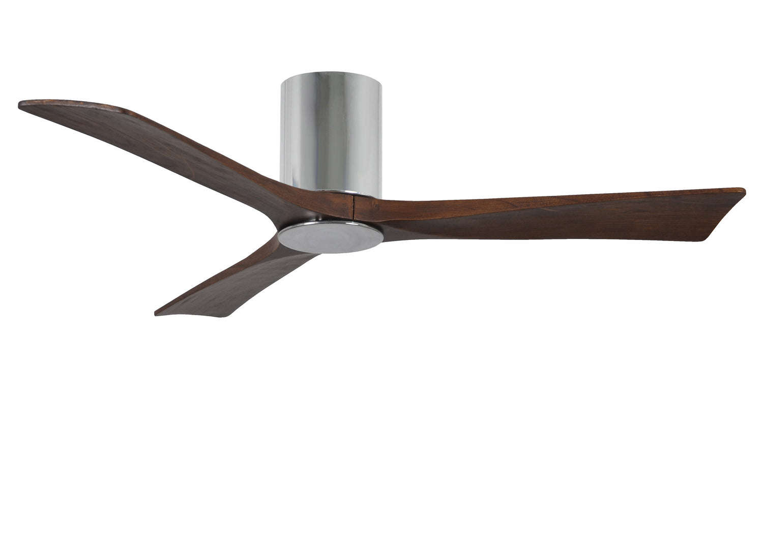 Matthews Fan IR3HLK-CR-WA-52 Irene-3HLK three-blade flush mount paddle fan in Polished Chrome finish with 52” solid walnut tone blades and integrated LED light kit.