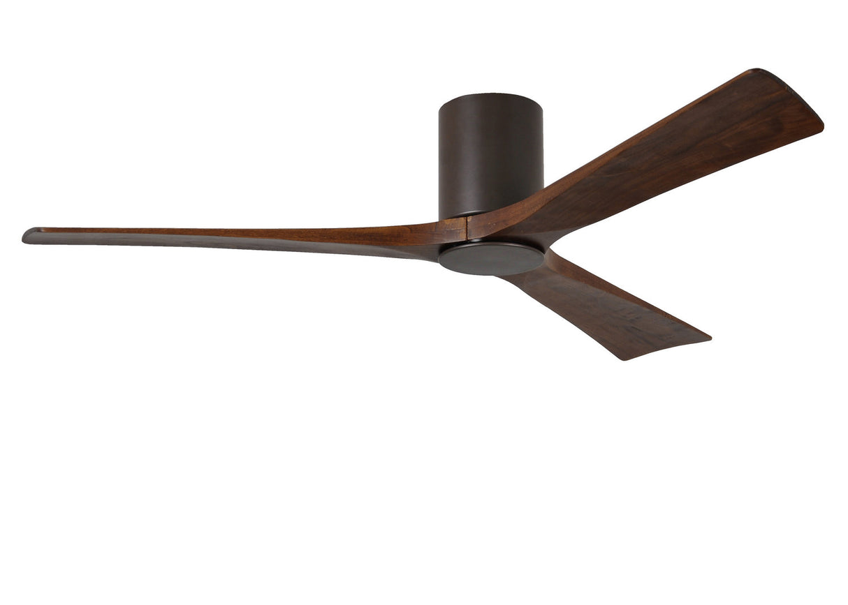 Matthews Fan IR3HLK-TB-WA-60 Irene-3HLK three-blade flush mount paddle fan in Textured Bronze finish with 60” solid walnut tone blades and integrated LED light kit.