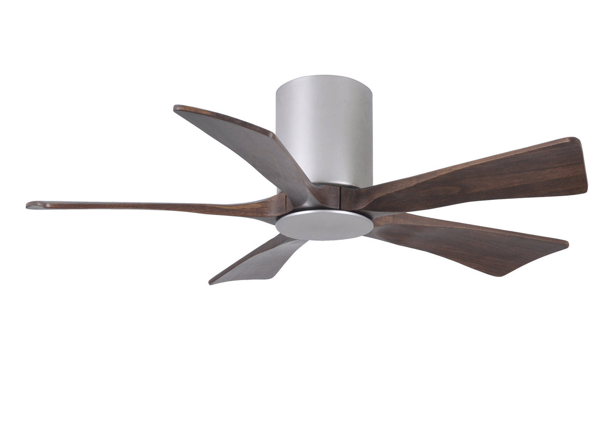 Matthews Fan IR5HLK-BN-WA-42 IR5HLK five-blade flush mount paddle fan in Brushed Nickel finish with 42” solid walnut tone blades and integrated LED light kit.