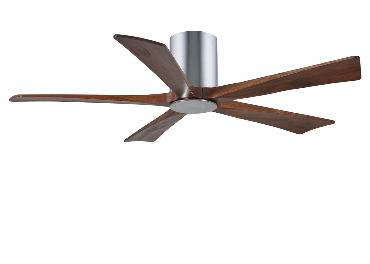 Matthews Fan IR5HLK-CR-WA-52 IR5HLK five-blade flush mount paddle fan in Polished Chrome finish with 52” solid walnut tone blades and integrated LED light kit.