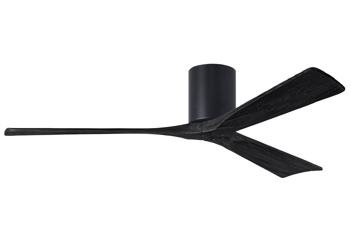 Matthews Fan IR3H-BK-BK-60 Irene-3H three-blade flush mount paddle fan in Matte Black finish with 60” solid matte black wood blades. 