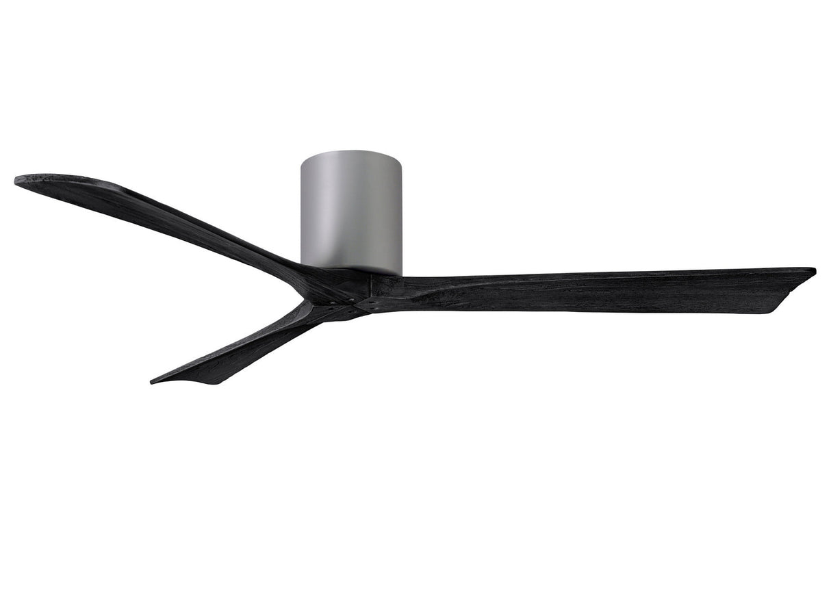 Matthews Fan IR3H-BN-BK-60 Irene-3H three-blade flush mount paddle fan in Brushed Nickel finish with 60” solid matte black wood blades.