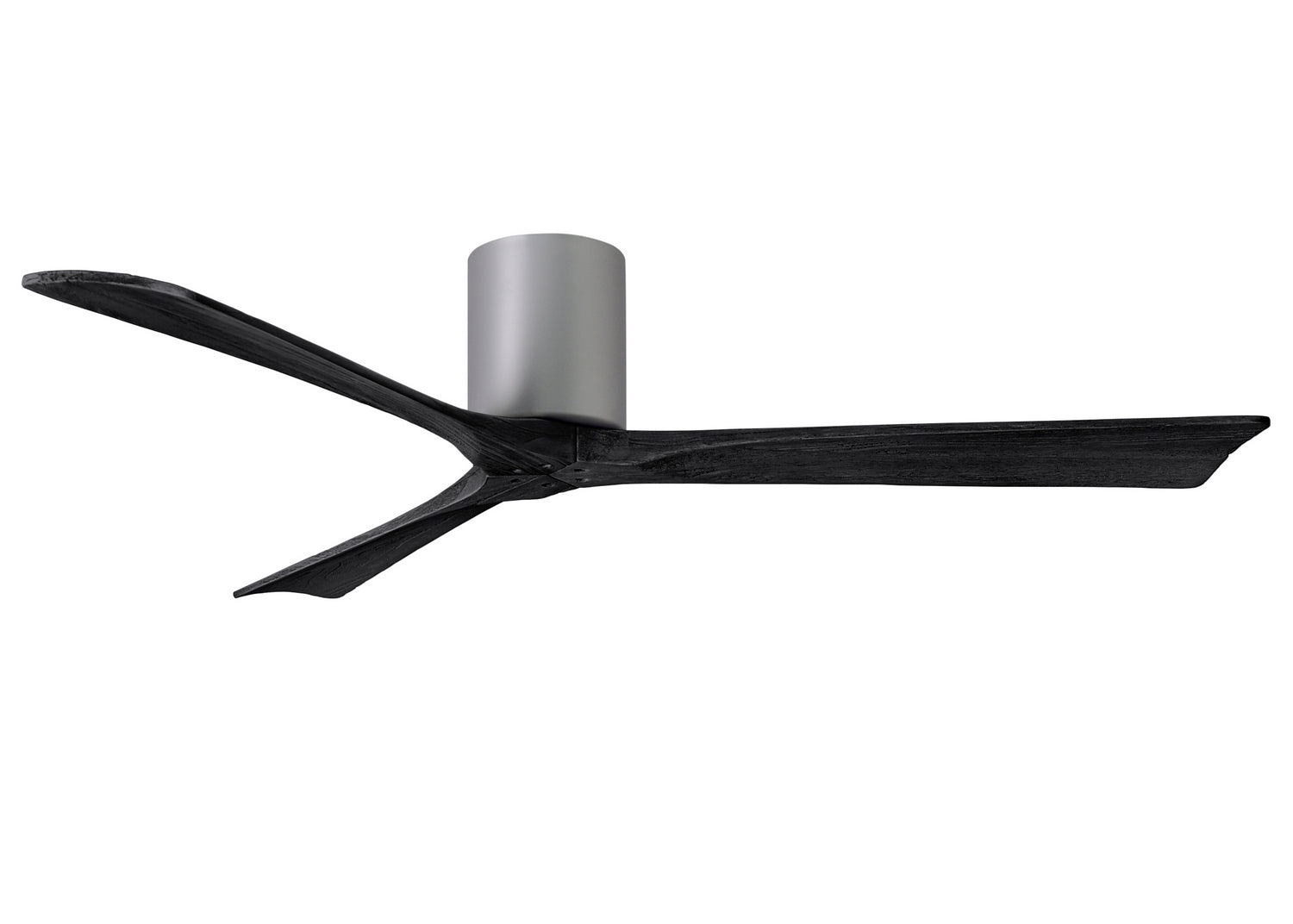 Matthews Fan IR3H-BN-BK-60 Irene-3H three-blade flush mount paddle fan in Brushed Nickel finish with 60” solid matte black wood blades.