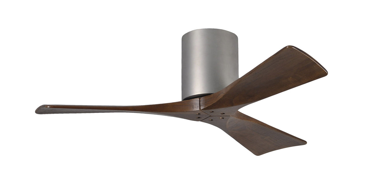 Matthews Fan IR3H-BN-WA-42 Irene-3H three-blade flush mount paddle fan in Brushed Nickel finish with 42” solid walnut tone blades. 