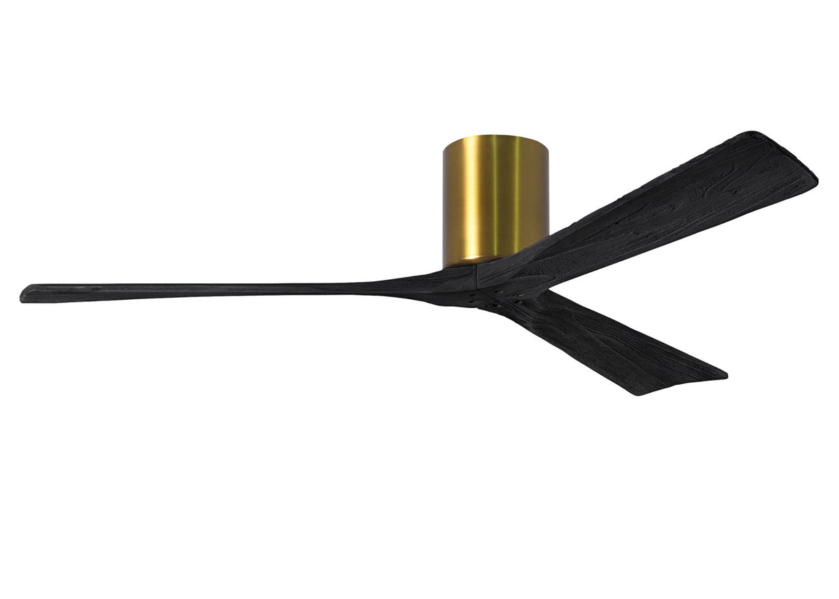 Matthews Fan IR3H-BRBR-BK-60 Irene-3H three-blade flush mount paddle fan in Brushed Brass finish with 60” solid matte black wood blades. 