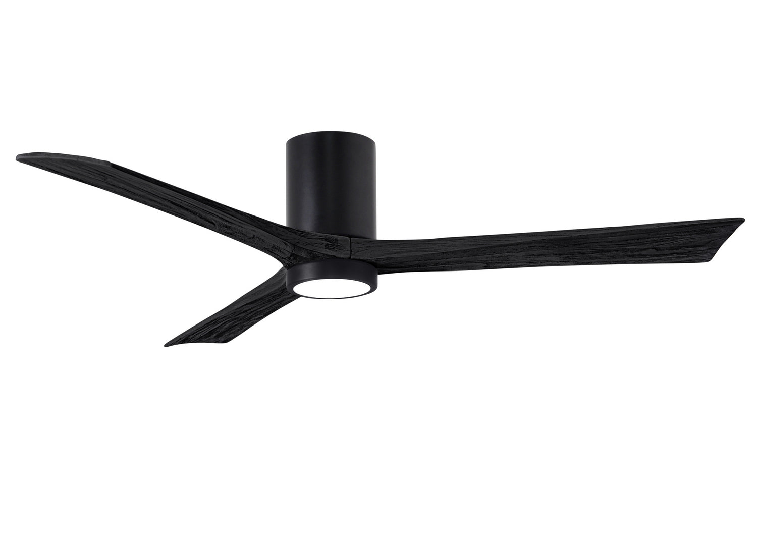 Matthews Fan IR3HLK-BK-BK-60 Irene-3HLK three-blade flush mount paddle fan in Matte Black finish with 60” solid matte black wood blades and integrated LED light kit.