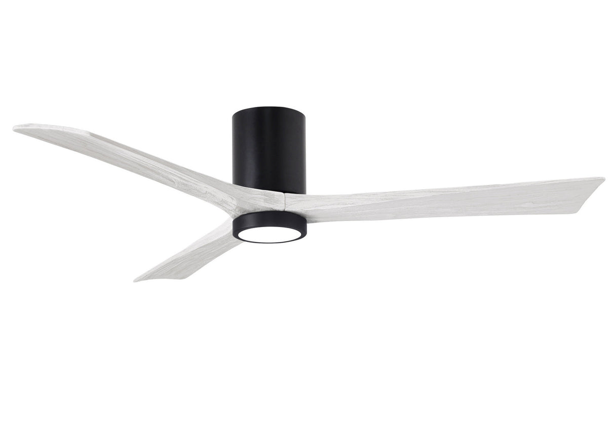 Matthews Fan IR3HLK-BK-MWH-60 Irene-3HLK three-blade flush mount paddle fan in Matte Black finish with 60” solid matte white wood blades and integrated LED light kit.