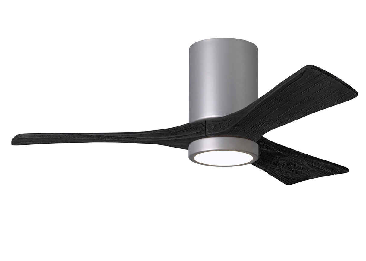 Matthews Fan IR3HLK-BN-BK-42 Irene-3HLK three-blade flush mount paddle fan in Brushed Nickel finish with 42” solid matte black wood blades and integrated LED light kit.